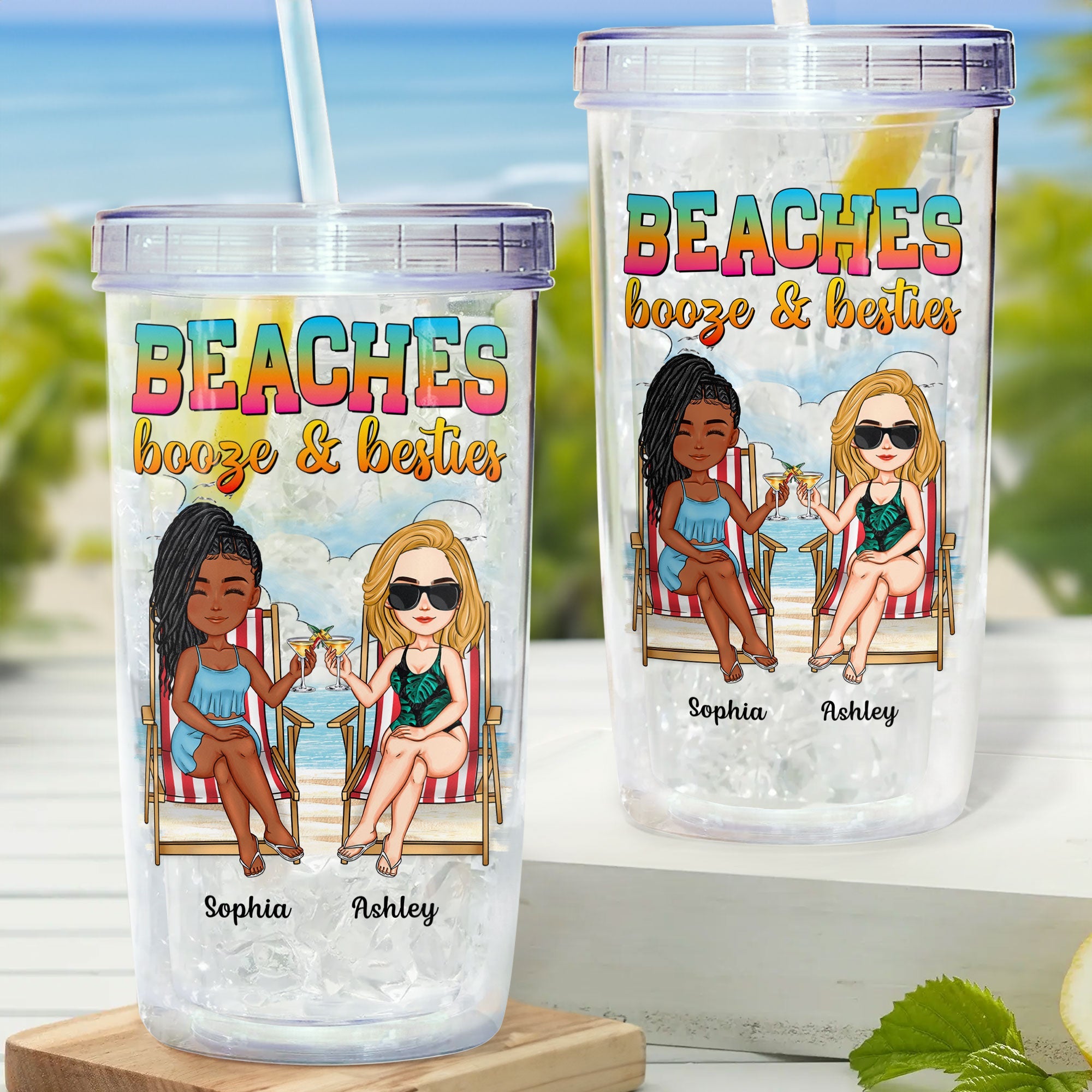 Beaches Booze & Besties - Personalized Acrylic Tumbler With Straw