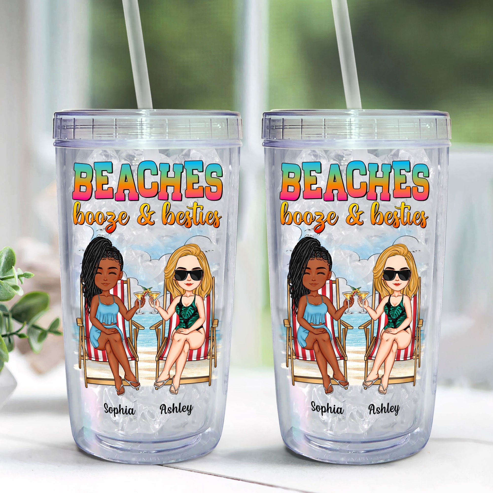 Beaches Booze & Besties - Personalized Acrylic Tumbler With Straw