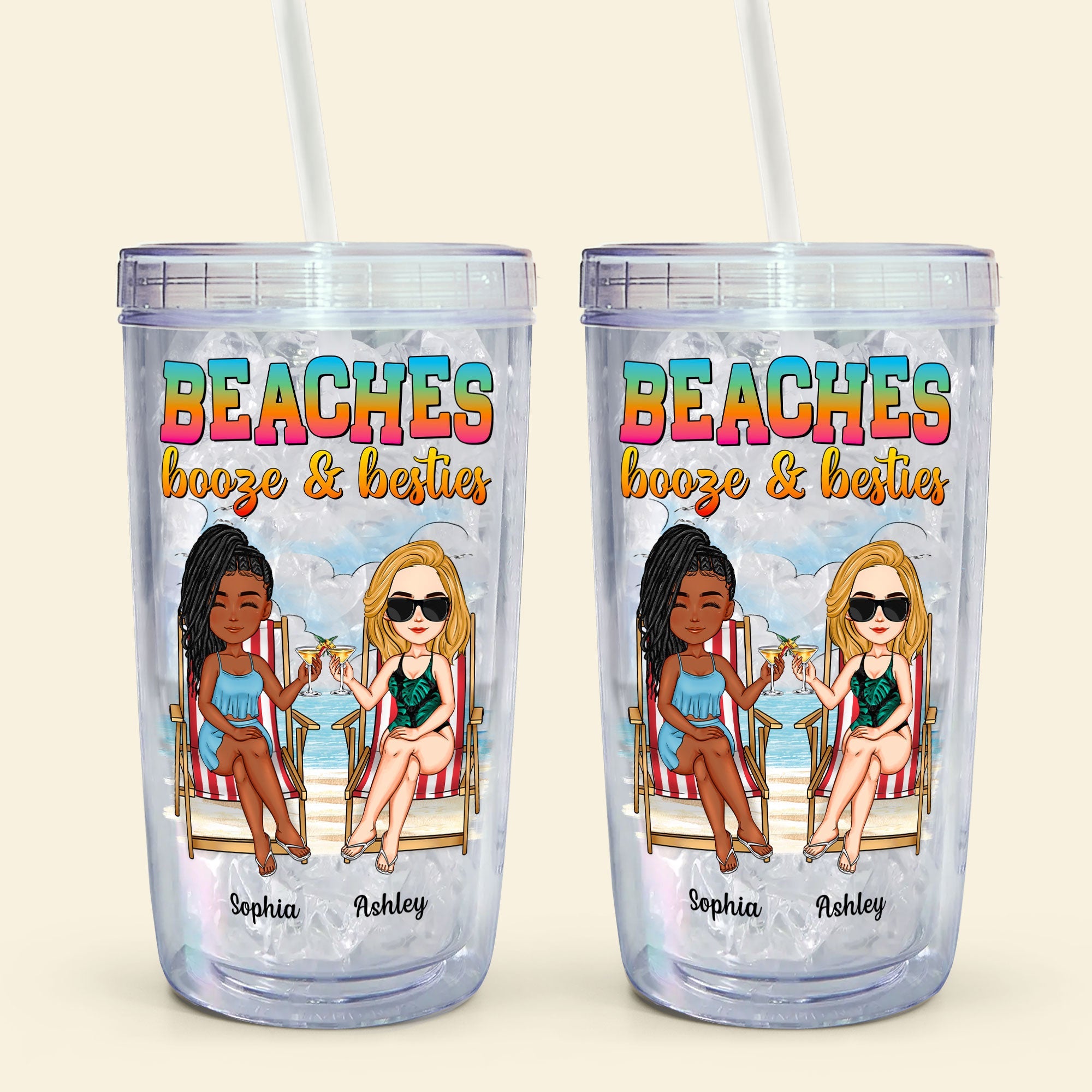 Beaches Booze & Besties - Personalized Acrylic Tumbler With Straw