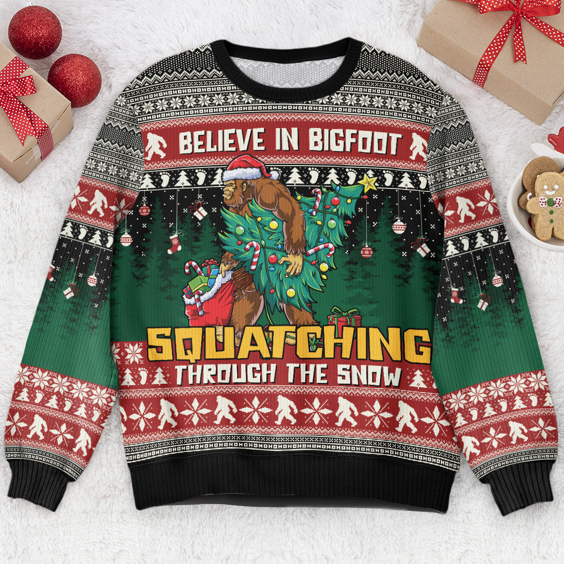 Believe In Bigfoot Squatching Through The Snow - Ugly Sweater