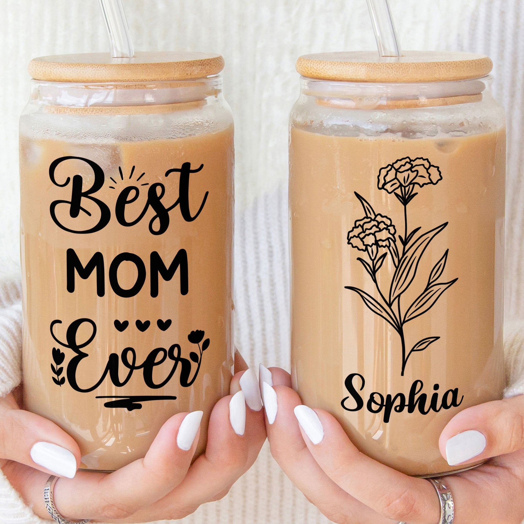 Best Mom Ever Custom Birthflower With Name - Personalized Clear Glass Cup