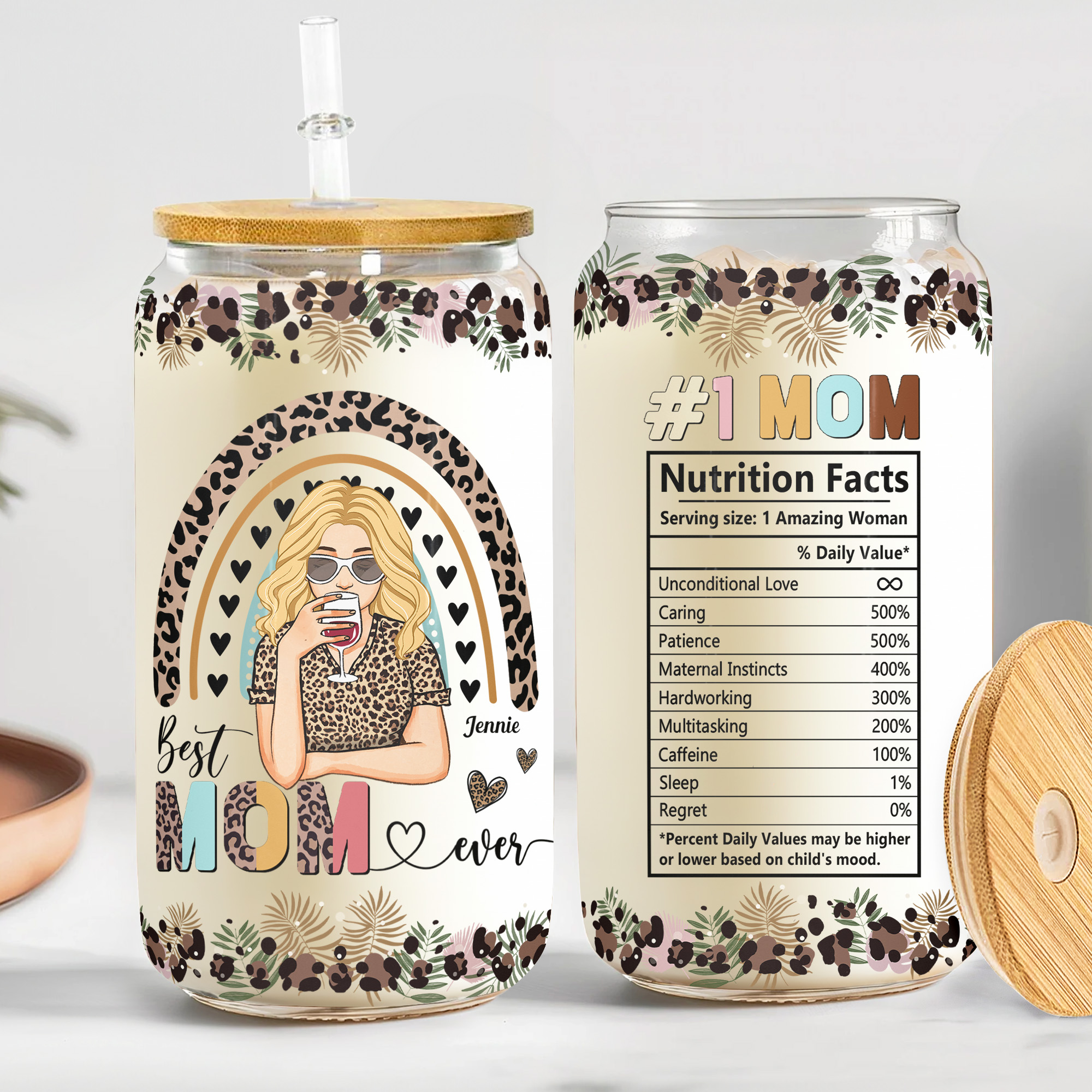 Best Mom Ever Nutrition Facts Amazing Woman  - Personalized Clear Glass Can