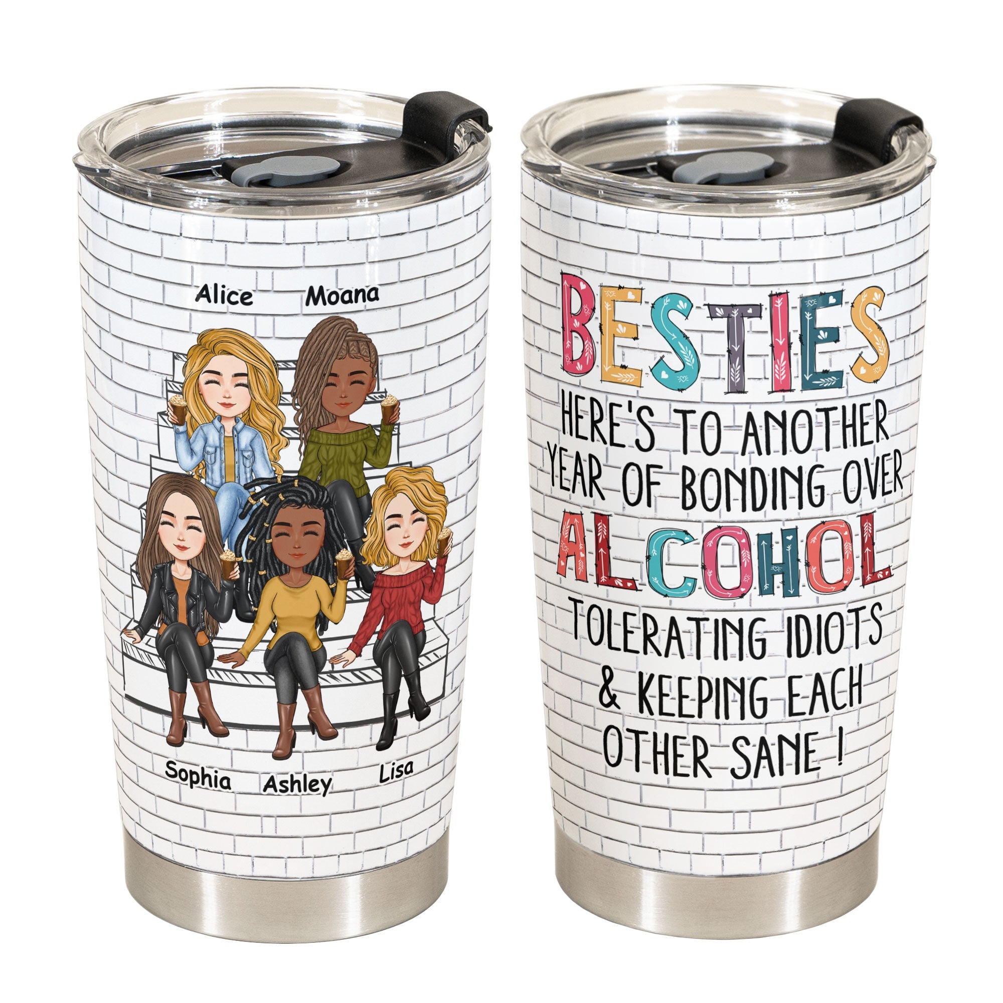 Besties - Another Year Of Bonding Over Alcohol - Cartoon Version - Personalized Tumbler Cup - Birthday, Funny Gift For Sisters, Sistas, Besties, Soul Sisters