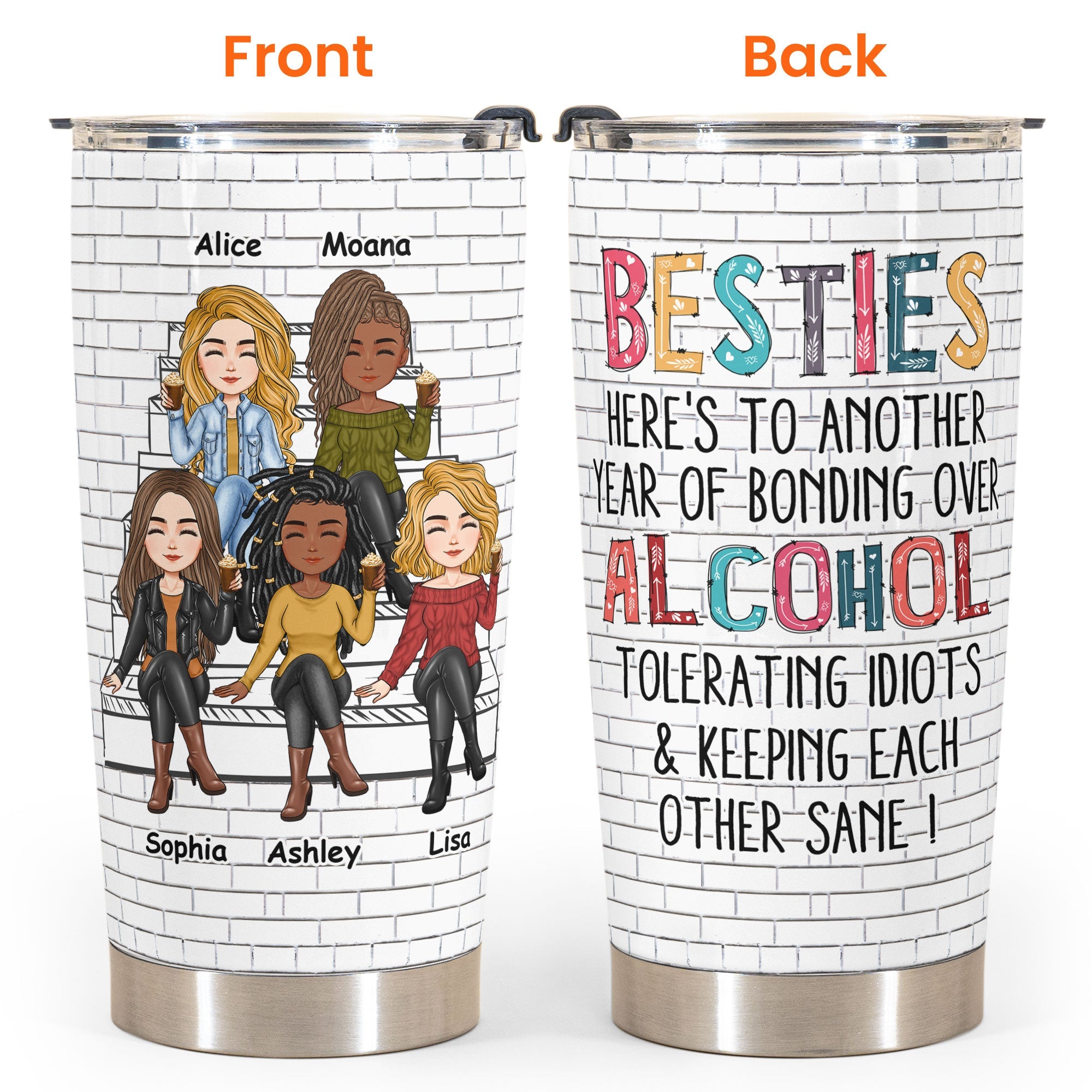 Besties - Another Year Of Bonding Over Alcohol - Cartoon Version - Personalized Tumbler Cup - Birthday, Funny Gift For Sisters, Sistas, Besties, Soul Sisters