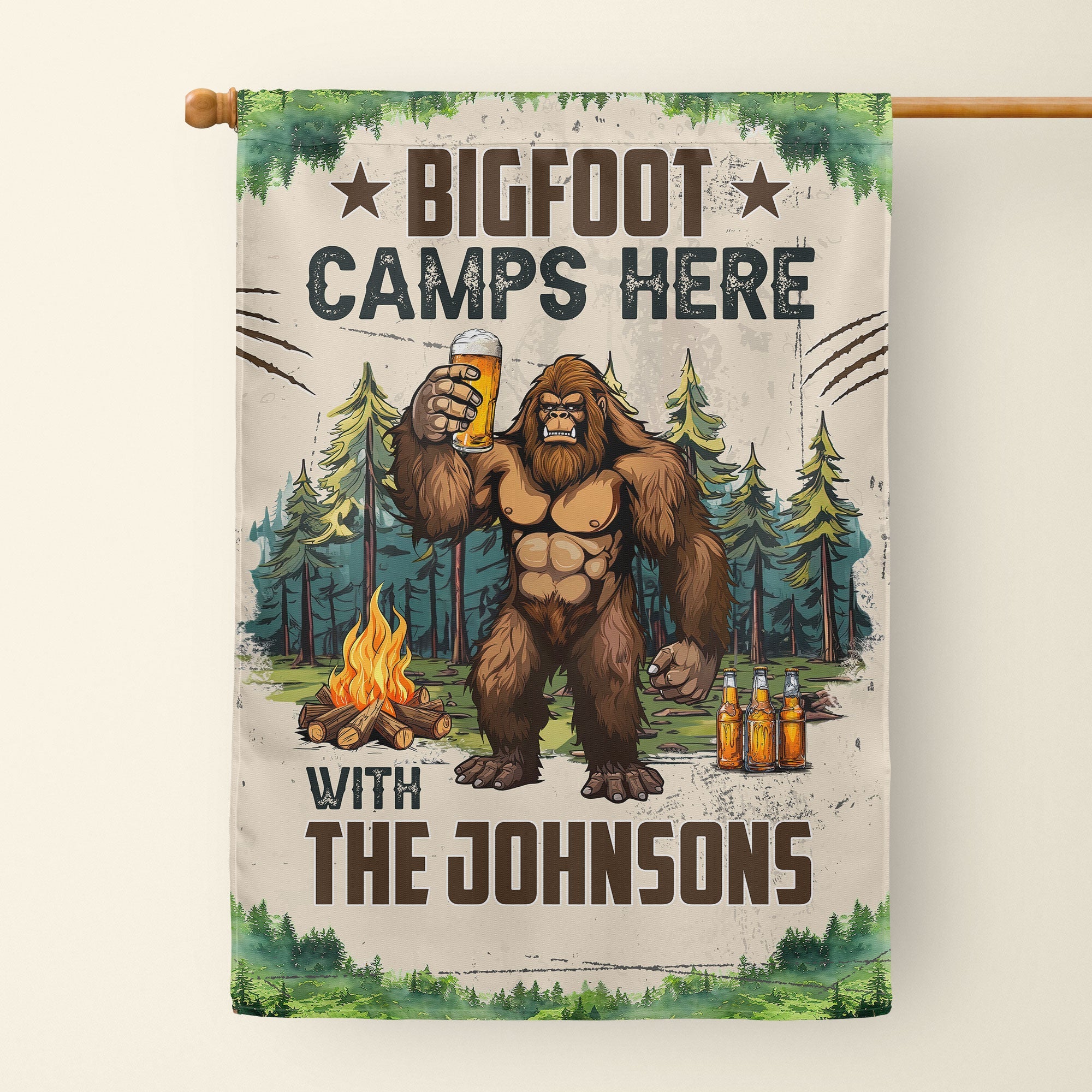 Bigfoot Camps Here With Us - Personalized Flag