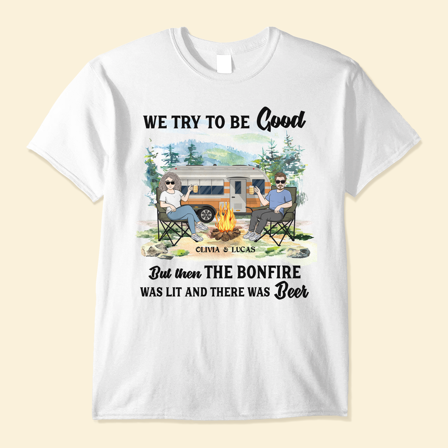 Bonfire And Beer - Personalized Shirt - Camping Couple Apparel, Camping Gift For Couple, Husband, Wife