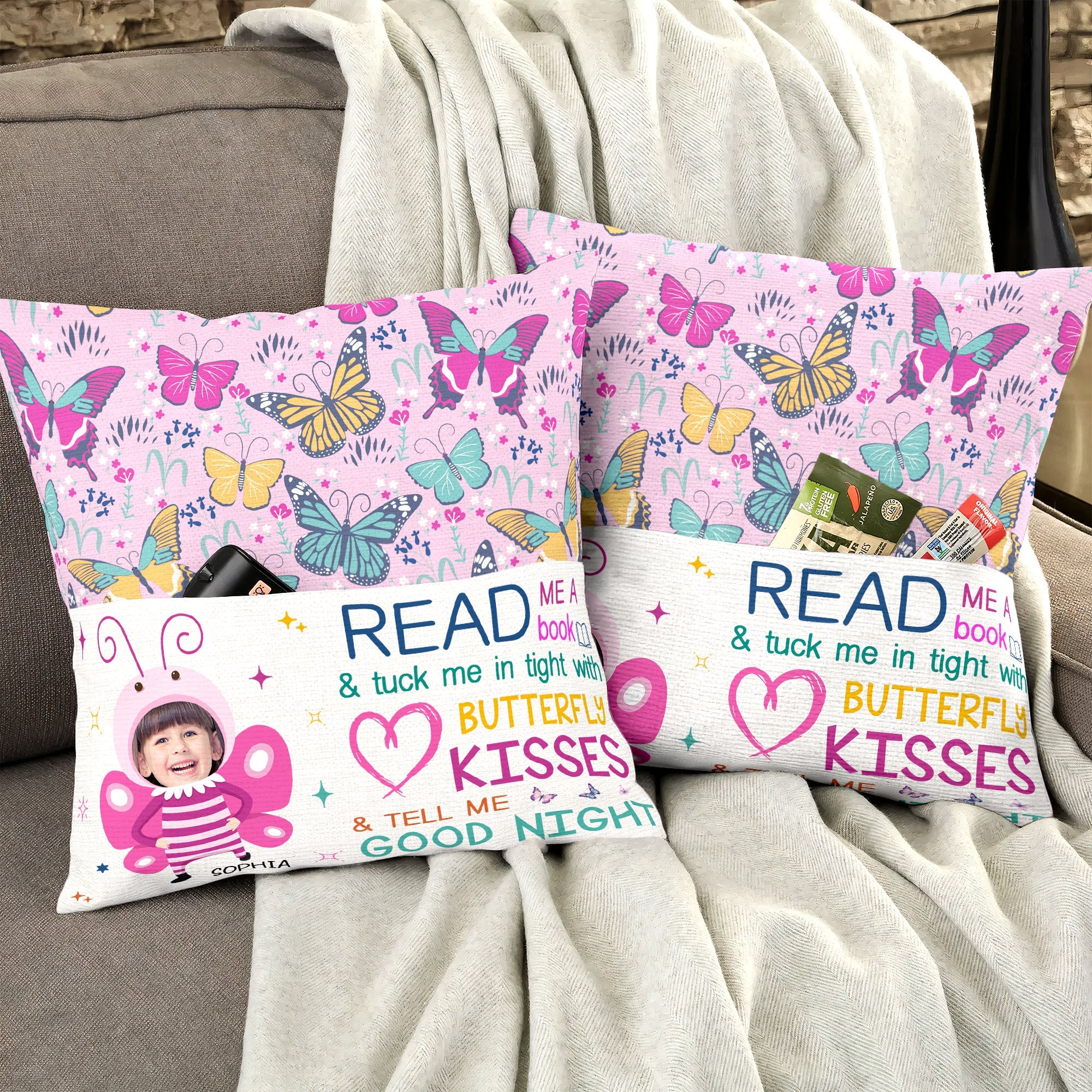 Book And Butterfly Kisses - Personalized Photo Pocket Pillow (Insert Included)