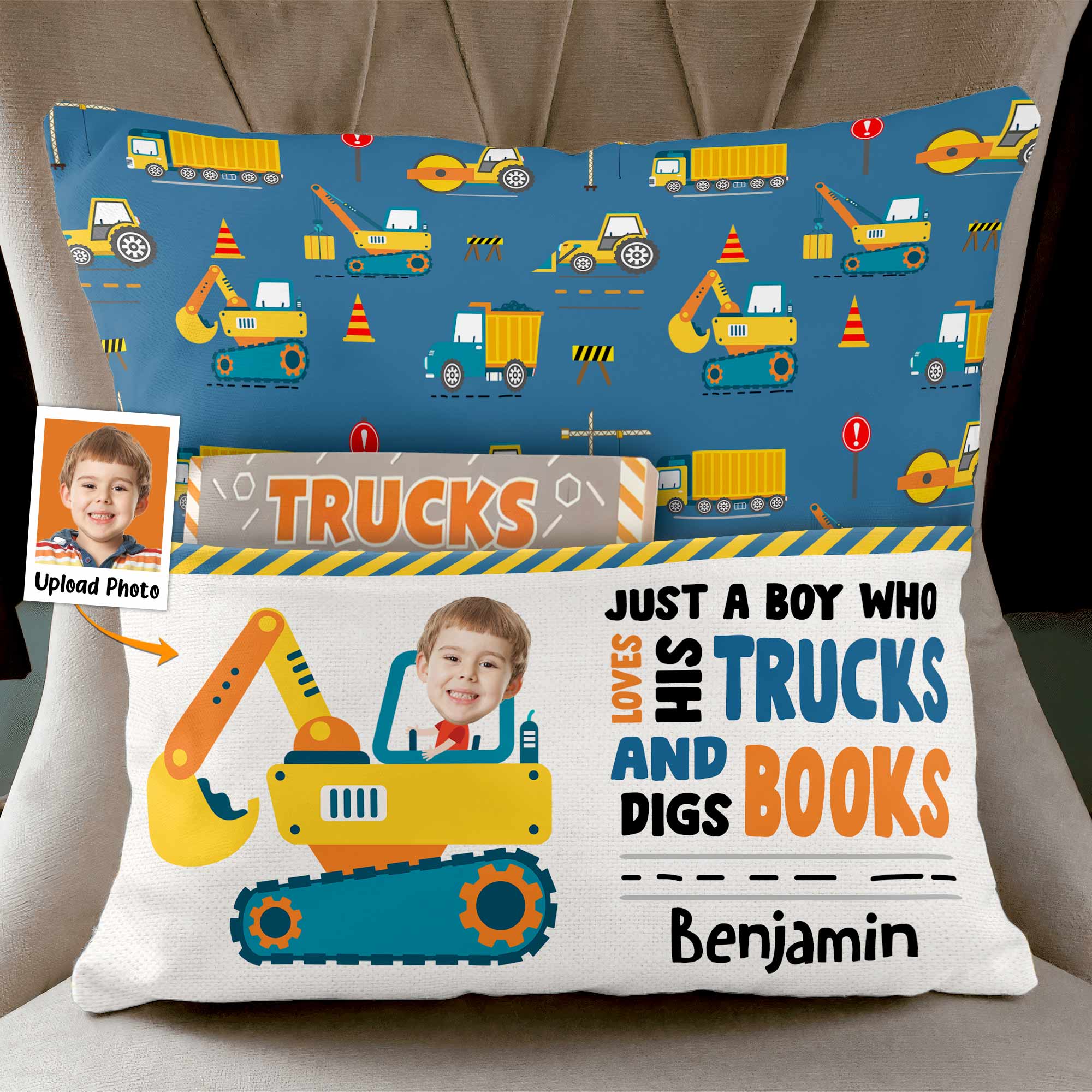 Boy Loves Trucks And Digs Books - Personalized Photo Pocket Pillow (Insert Included)