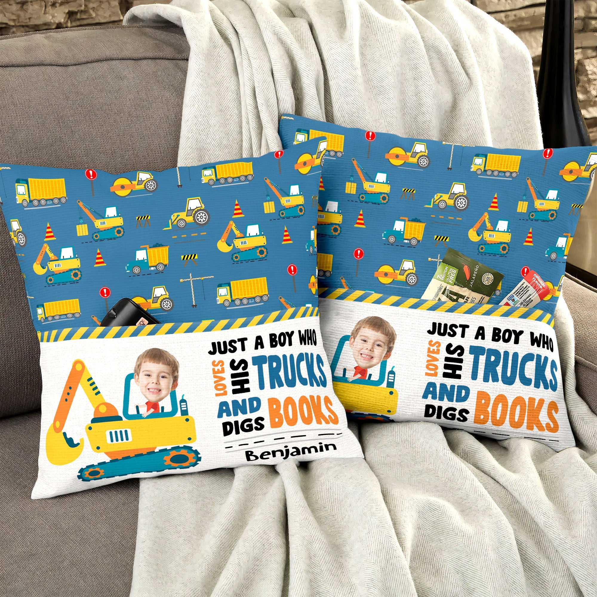 Boy Loves Trucks And Digs Books - Personalized Photo Pocket Pillow (Insert Included)