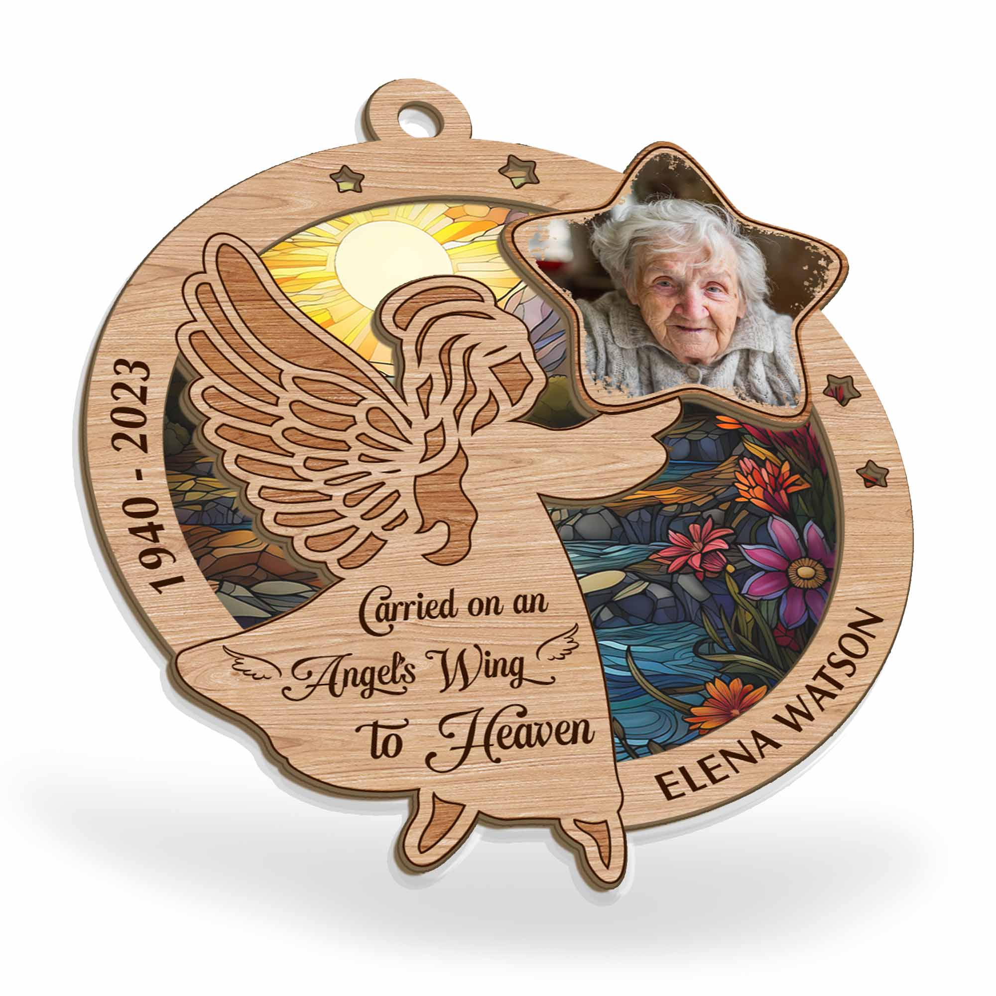 Carried On An Angel'S Wing To Heaven - Personalized Suncatcher Ornament