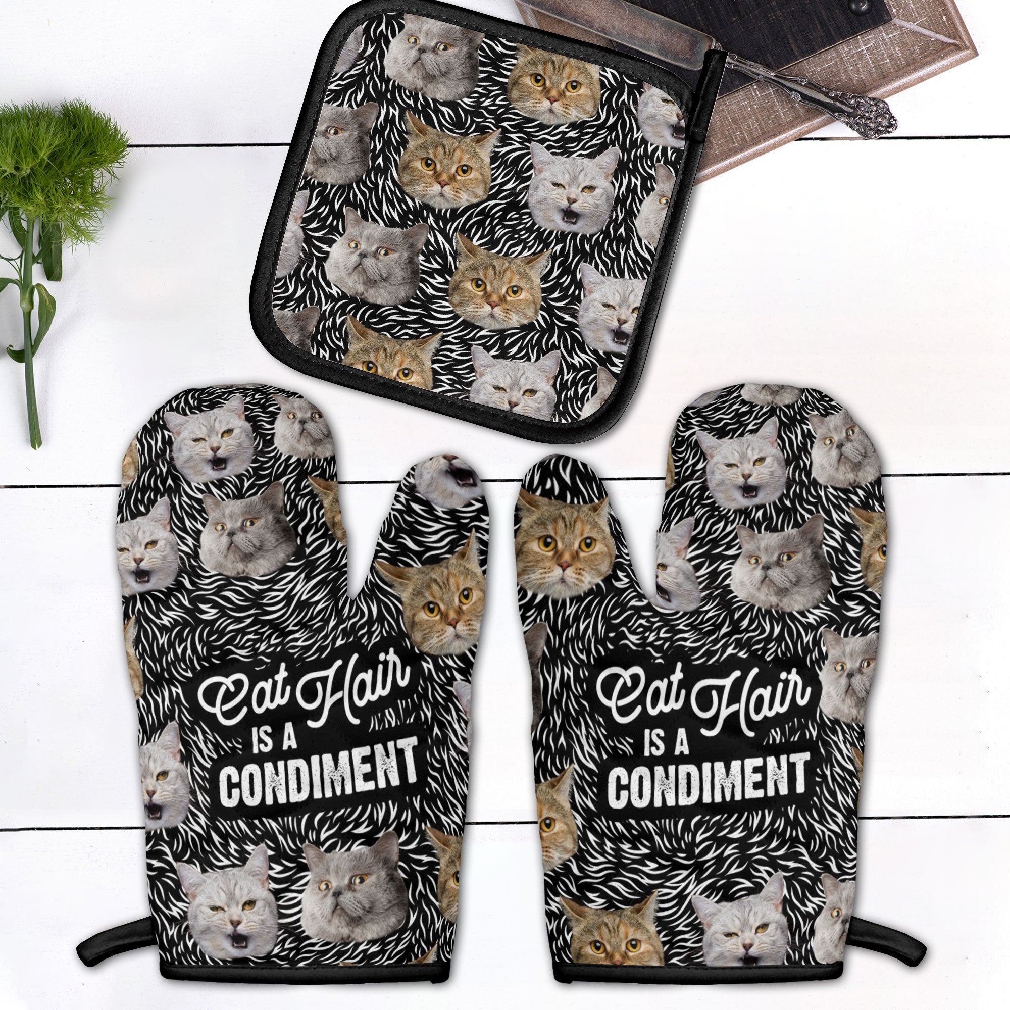 Cat Hair Is A Condiment - Personalized Photo Oven Mitts And Pot Holder