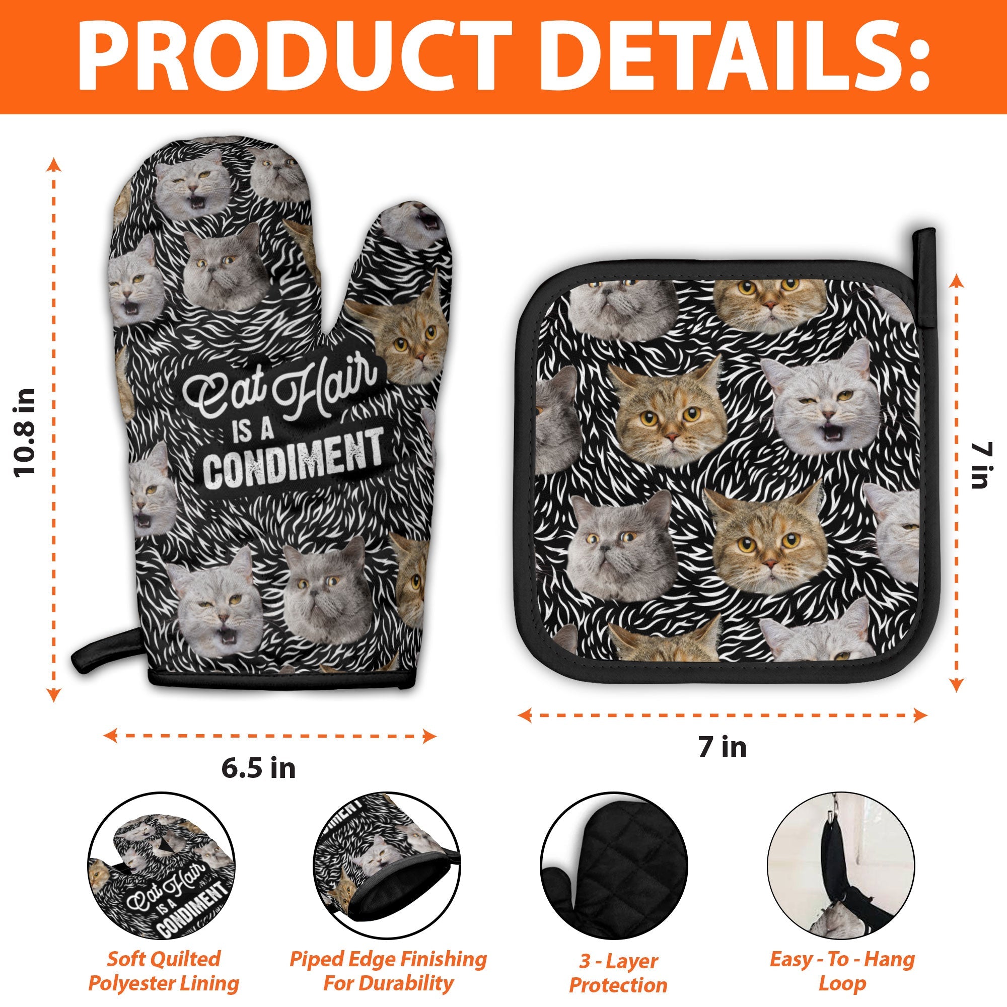 Cat Hair Is A Condiment - Personalized Photo Oven Mitts And Pot Holder