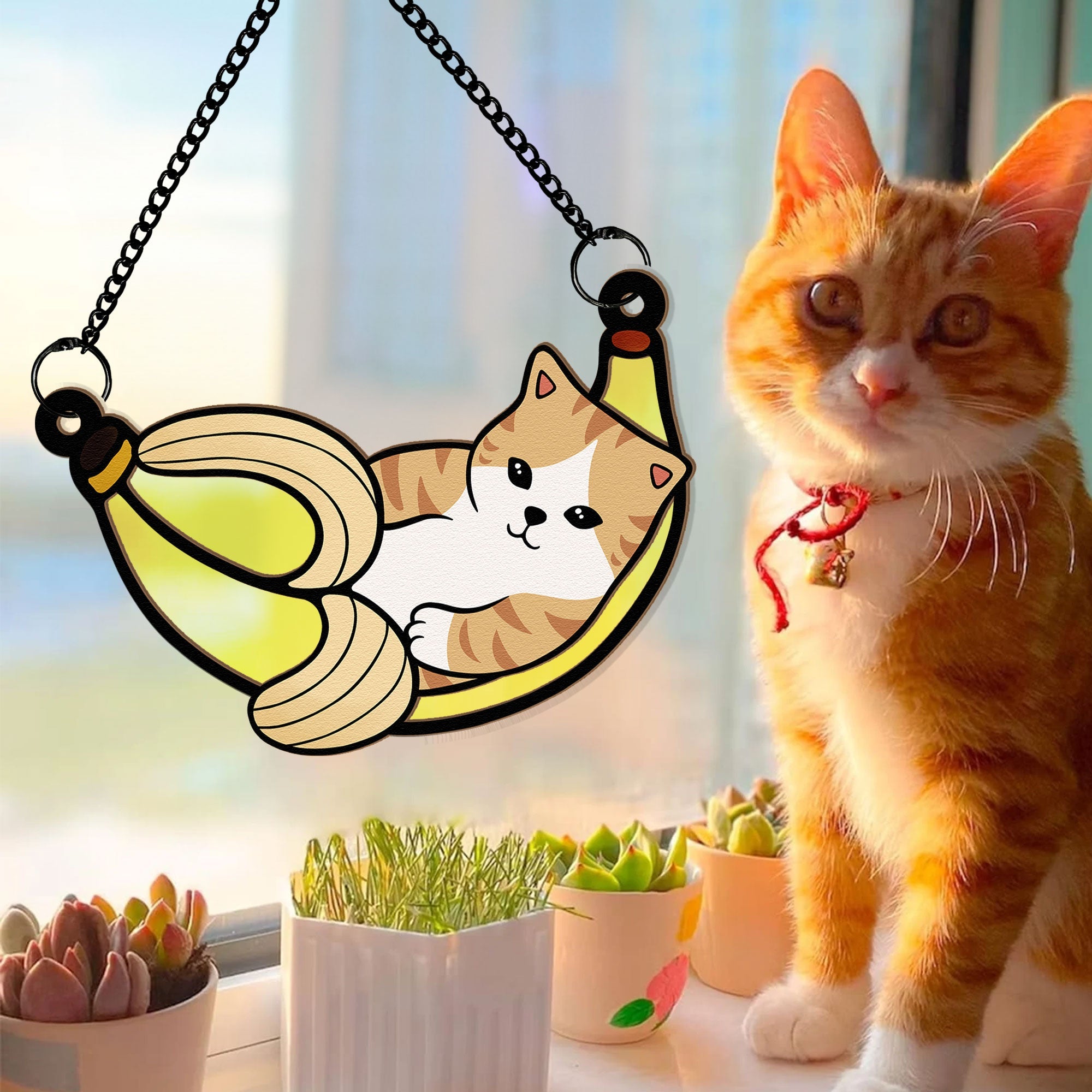 Cat In Banana - Personalized Window Hanging Suncatcher Ornament