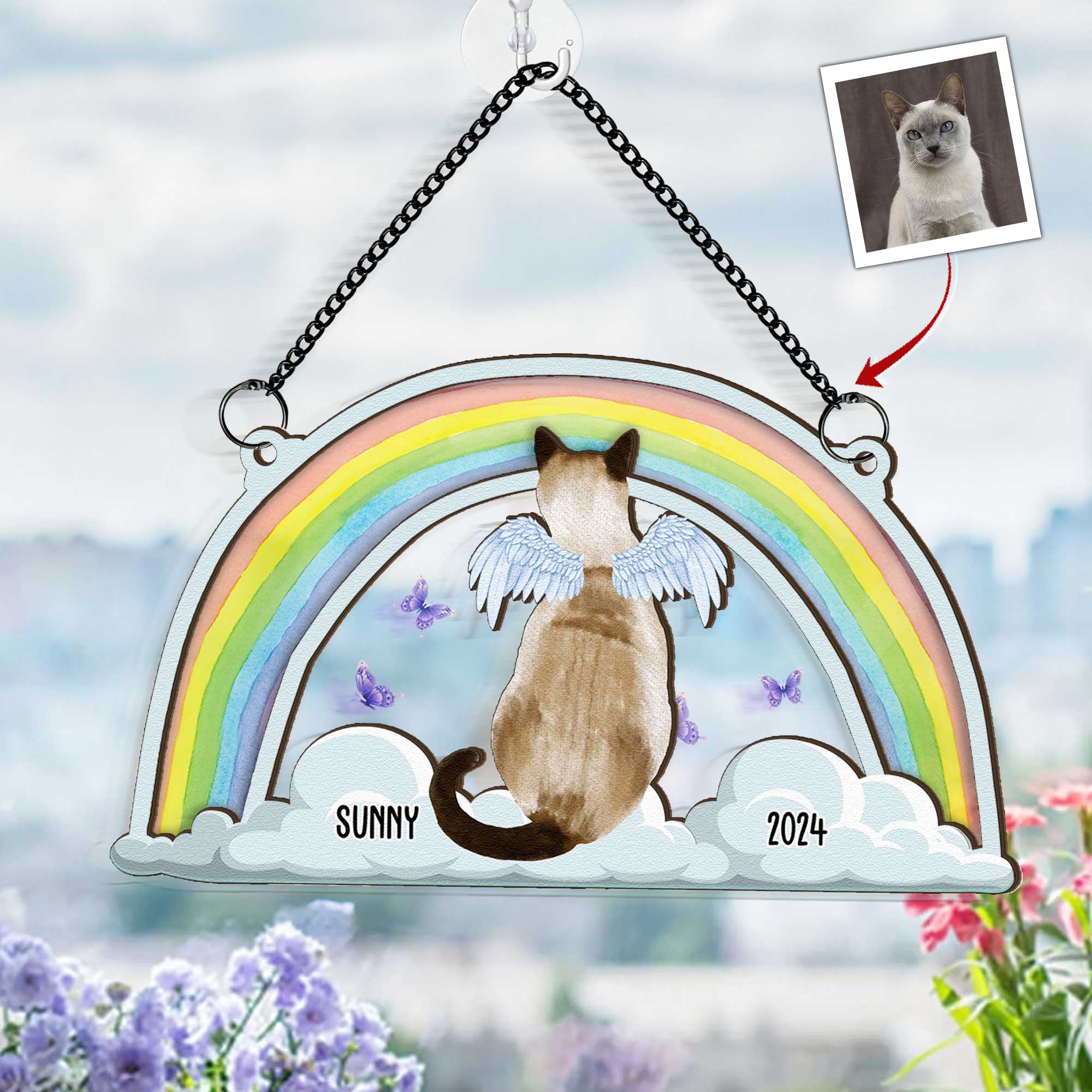 Cat Sits At The Rainbow Bridge - Personalized Window Hanging Suncatcher Ornament