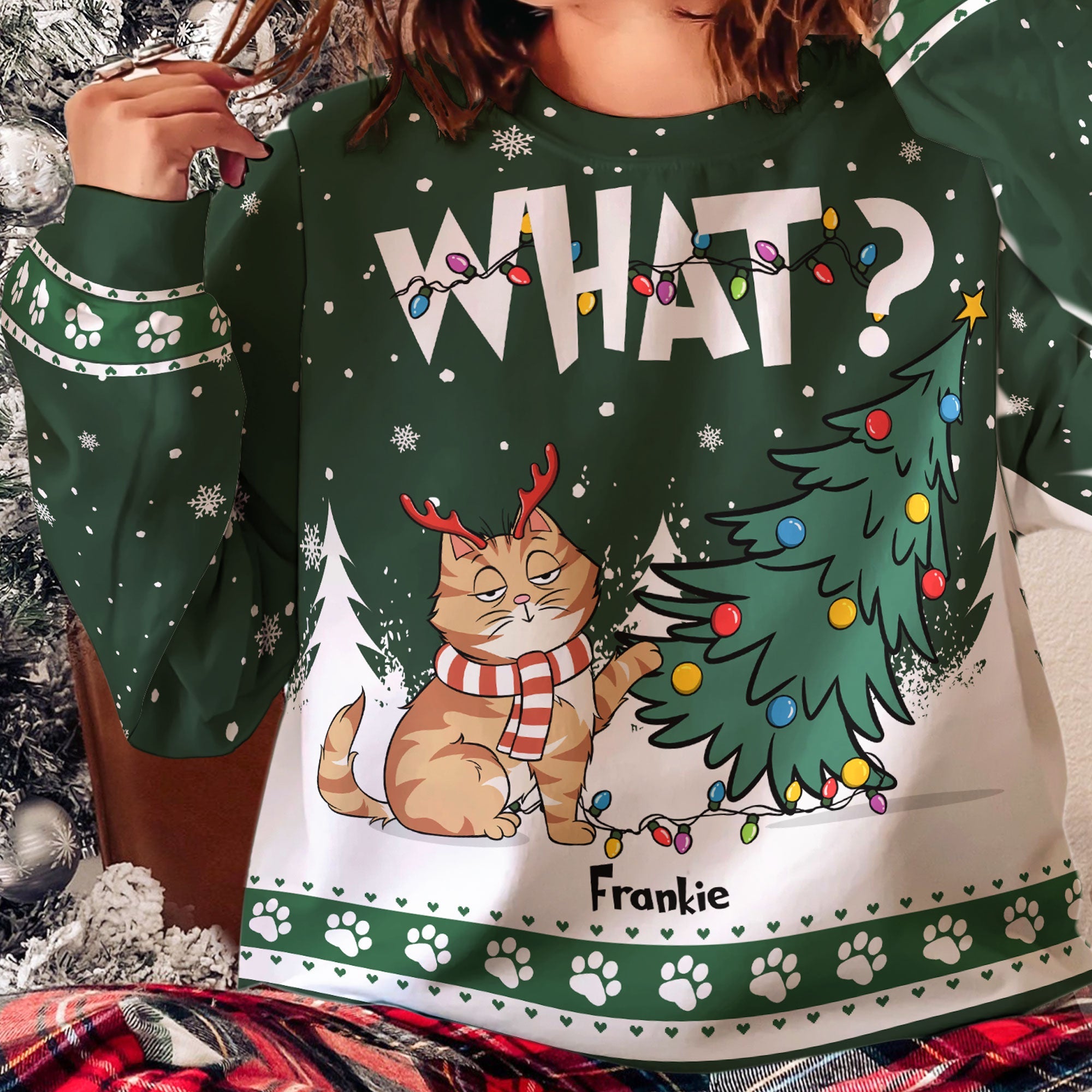 Cat What - Christmas Tree - Personalized Ugly Sweater