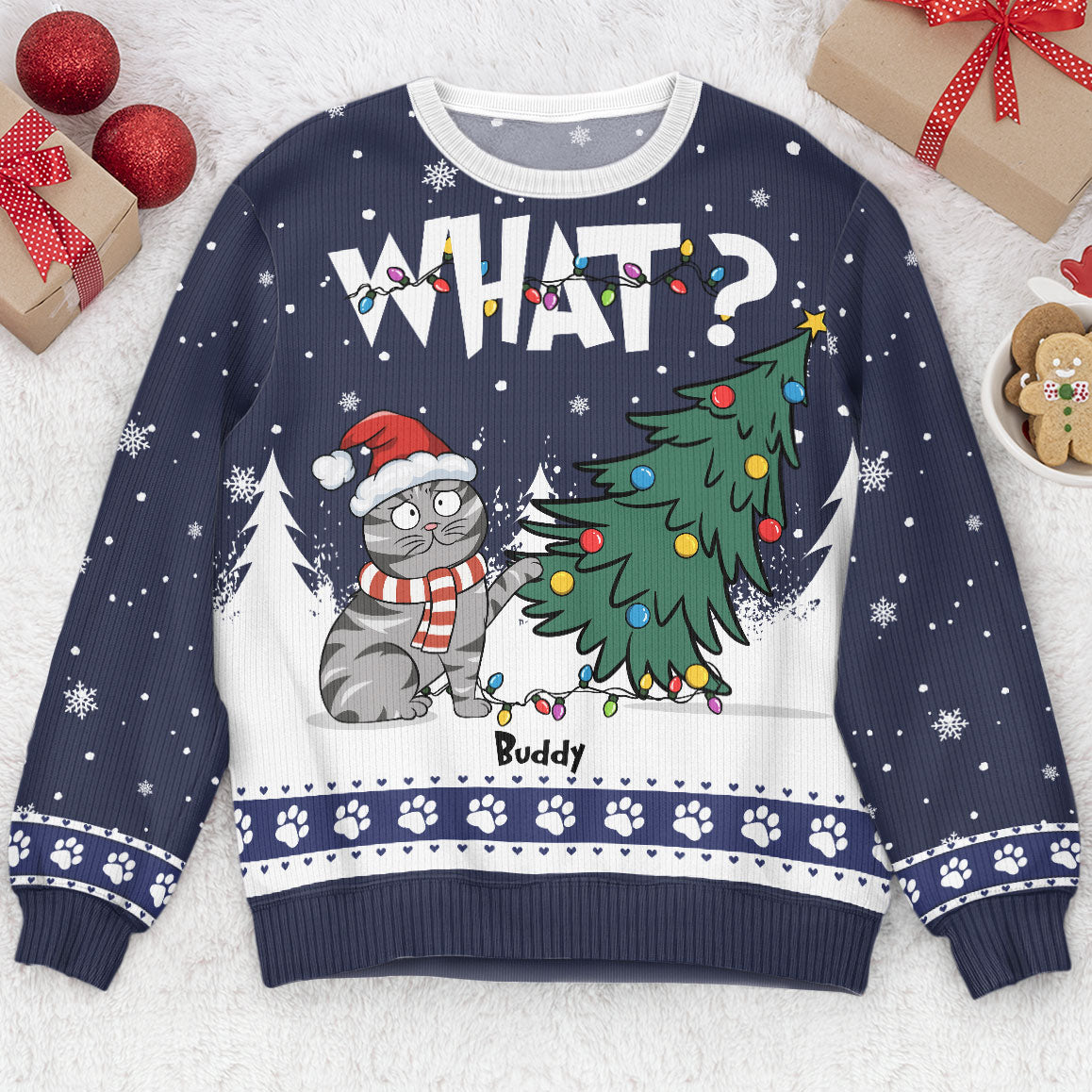 Cat What - Christmas Tree - Personalized Ugly Sweater