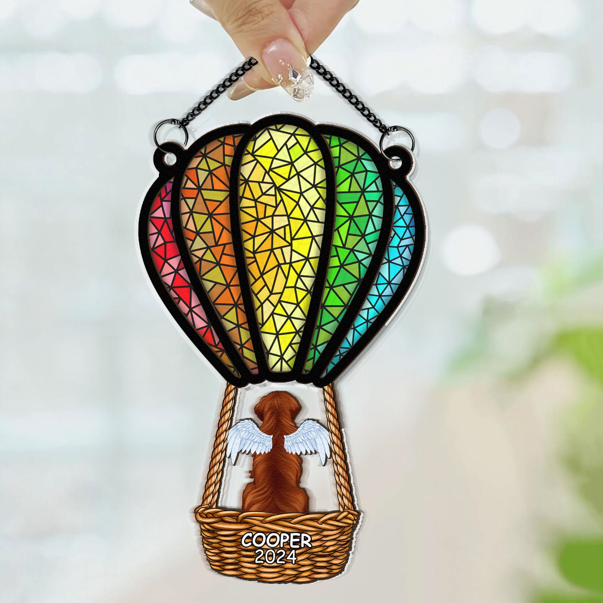 Cat Flying With Air Balloon - Personalized Window Hanging Suncatcher Ornament