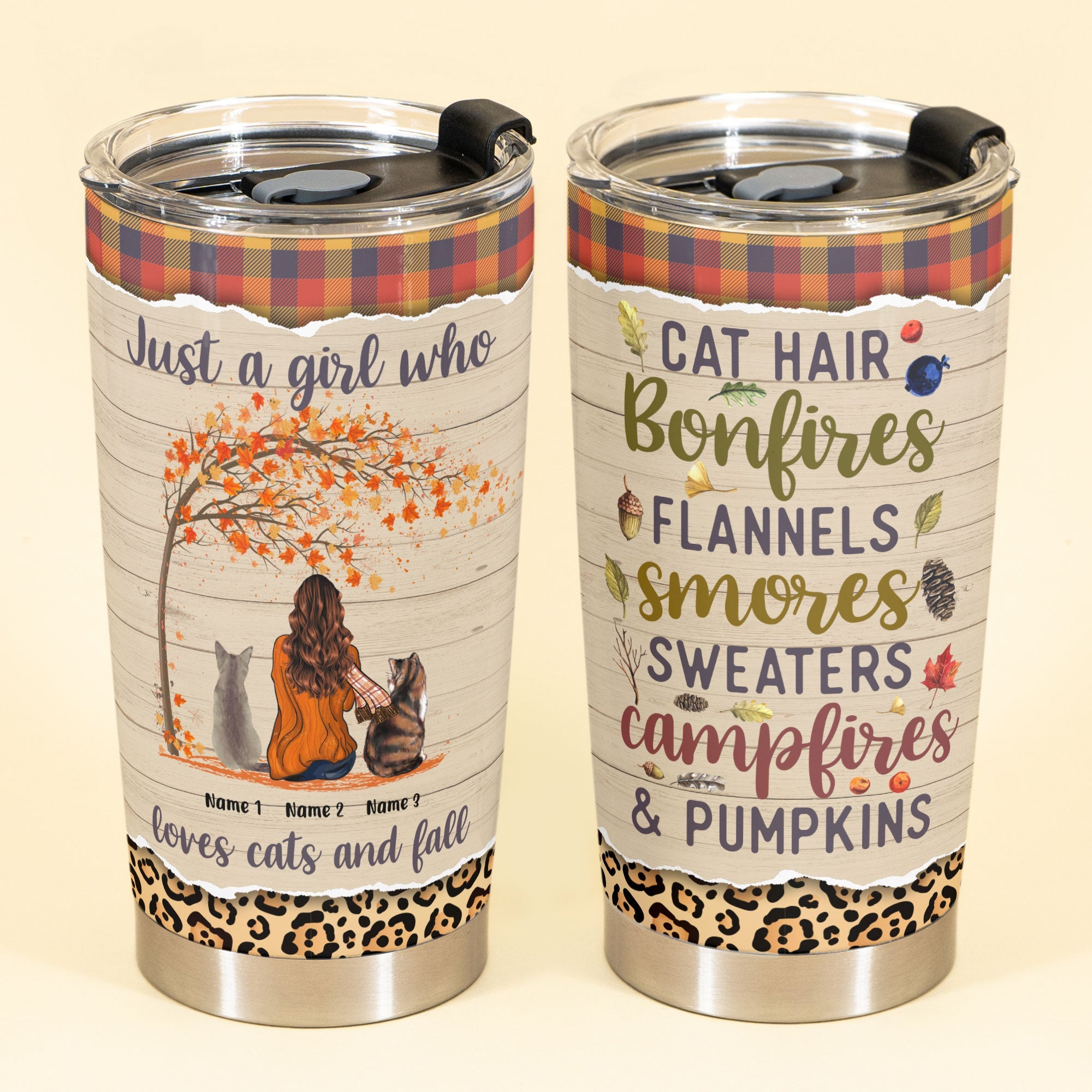 Cats and Fall Bonfires Pumpkins - Personalized Tumbler Cup - Fall Season Gift For Cat Lovers