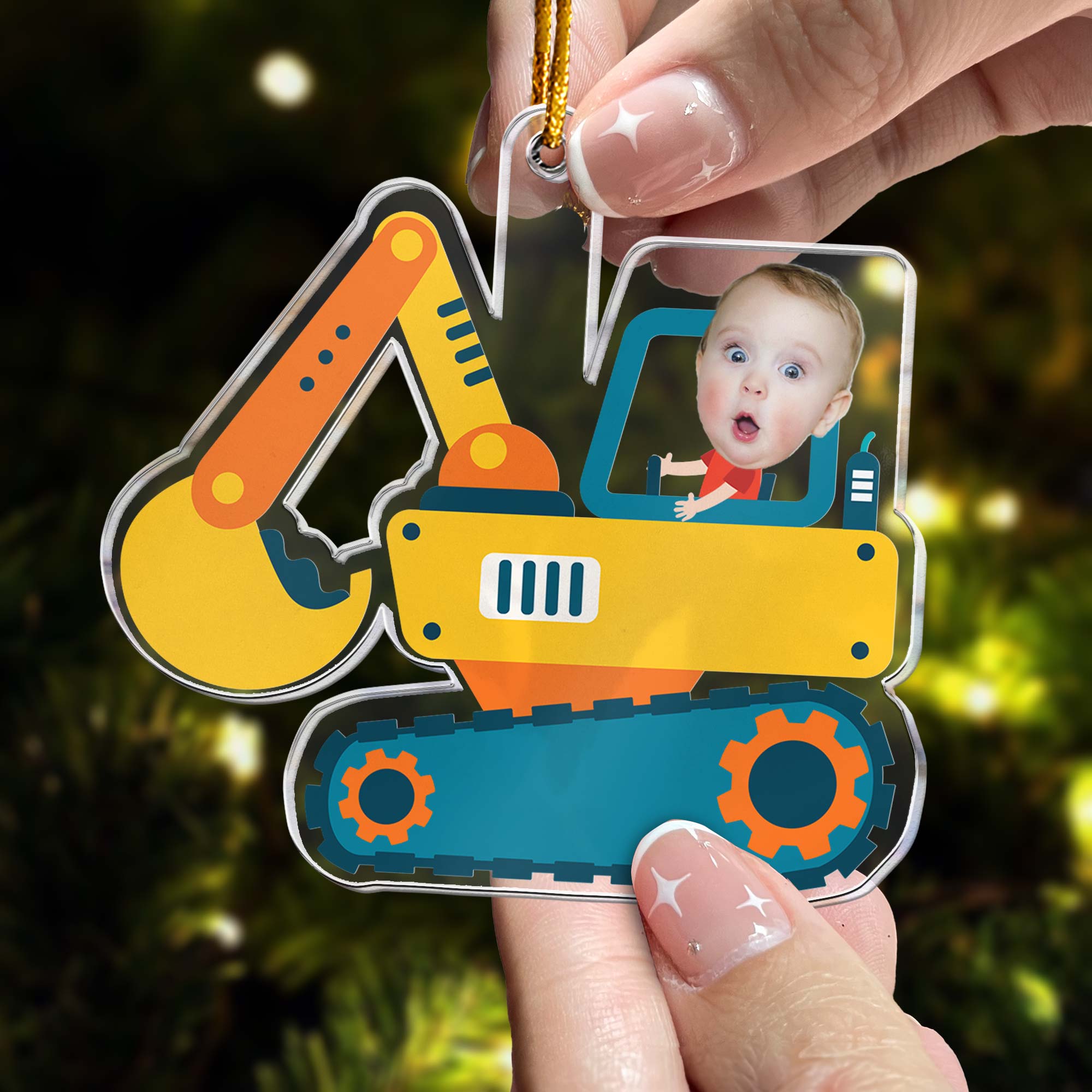 Christmas Boy Riding Construction Vehicle - Personalized Acrylic Photo Ornament