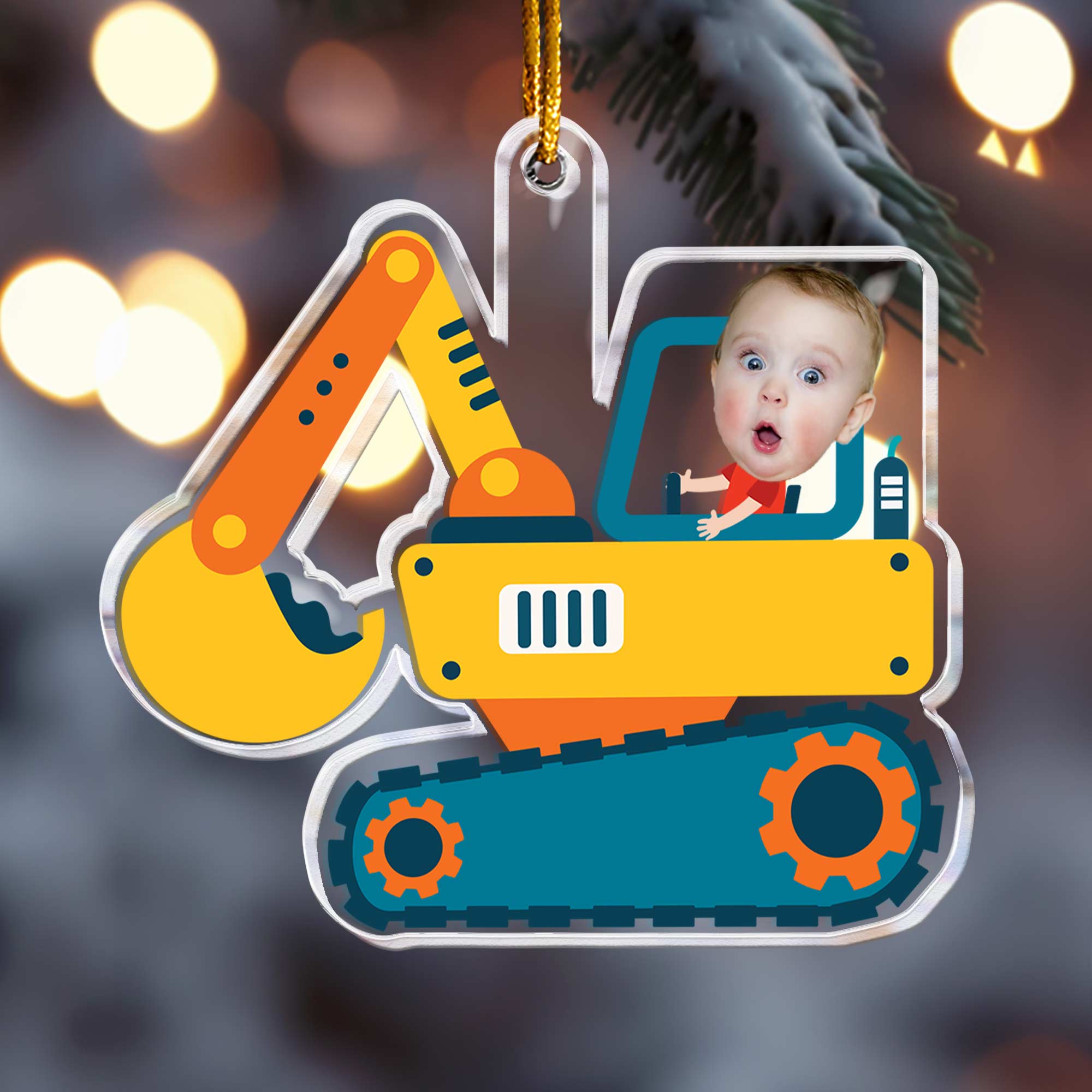 Christmas Boy Riding Construction Vehicle - Personalized Acrylic Photo Ornament