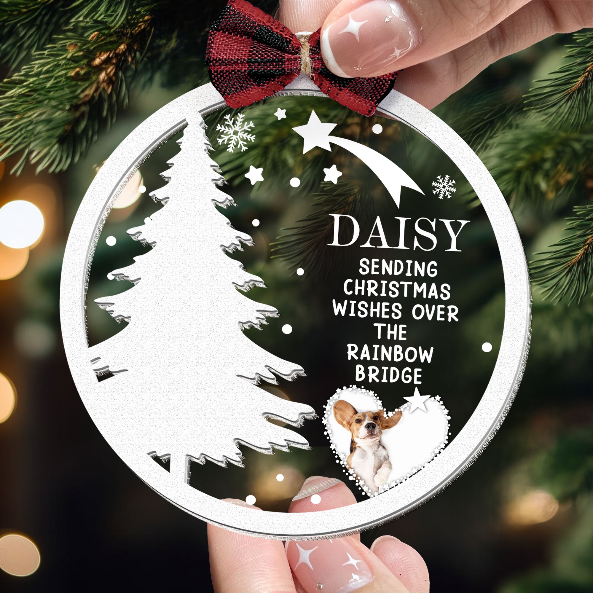 Christmas Pet Memorial - Personalized Photo Wood And Acrylic Ornament With Bow