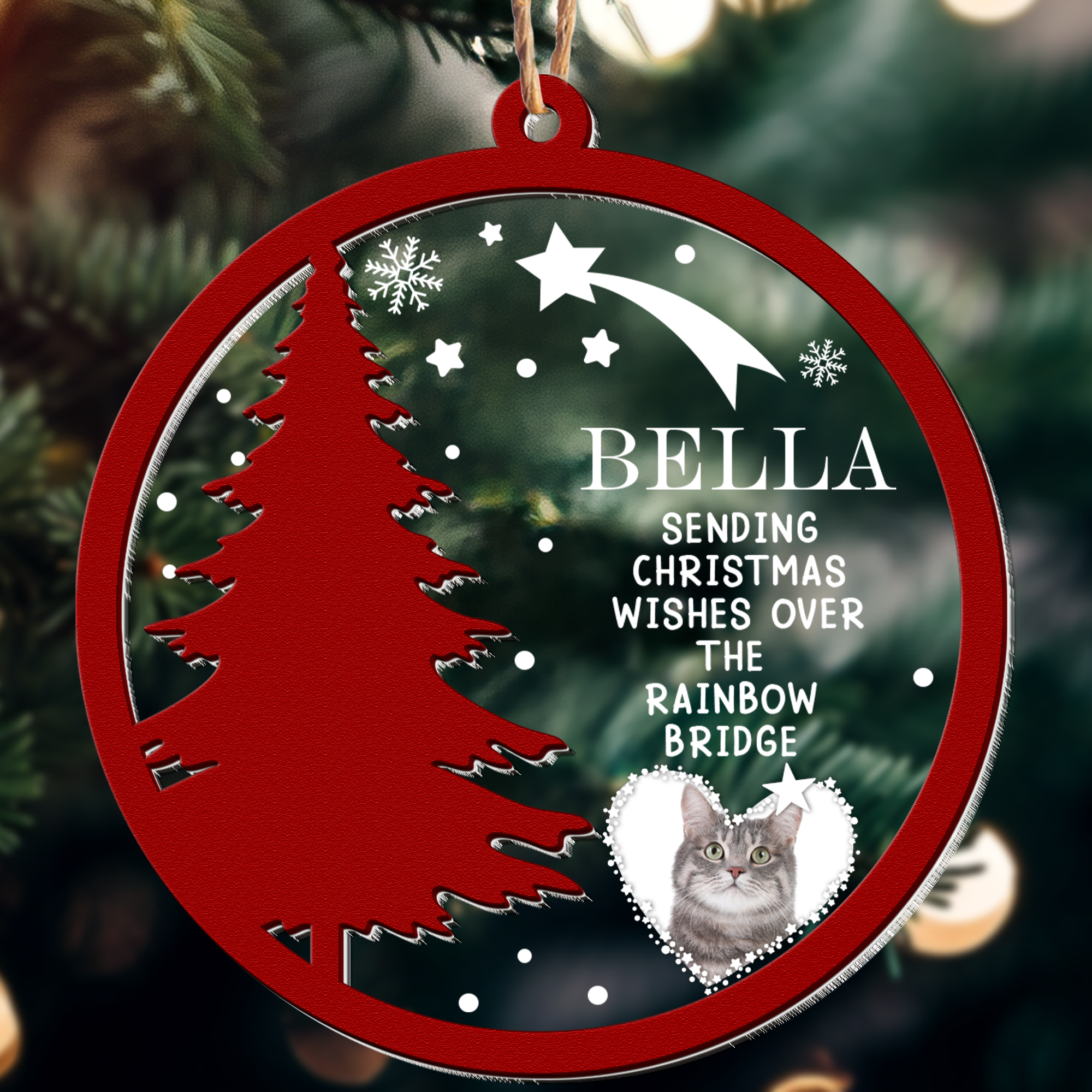 Christmas Pet Memorial - Personalized Photo Wood And Acrylic Ornament With Bow