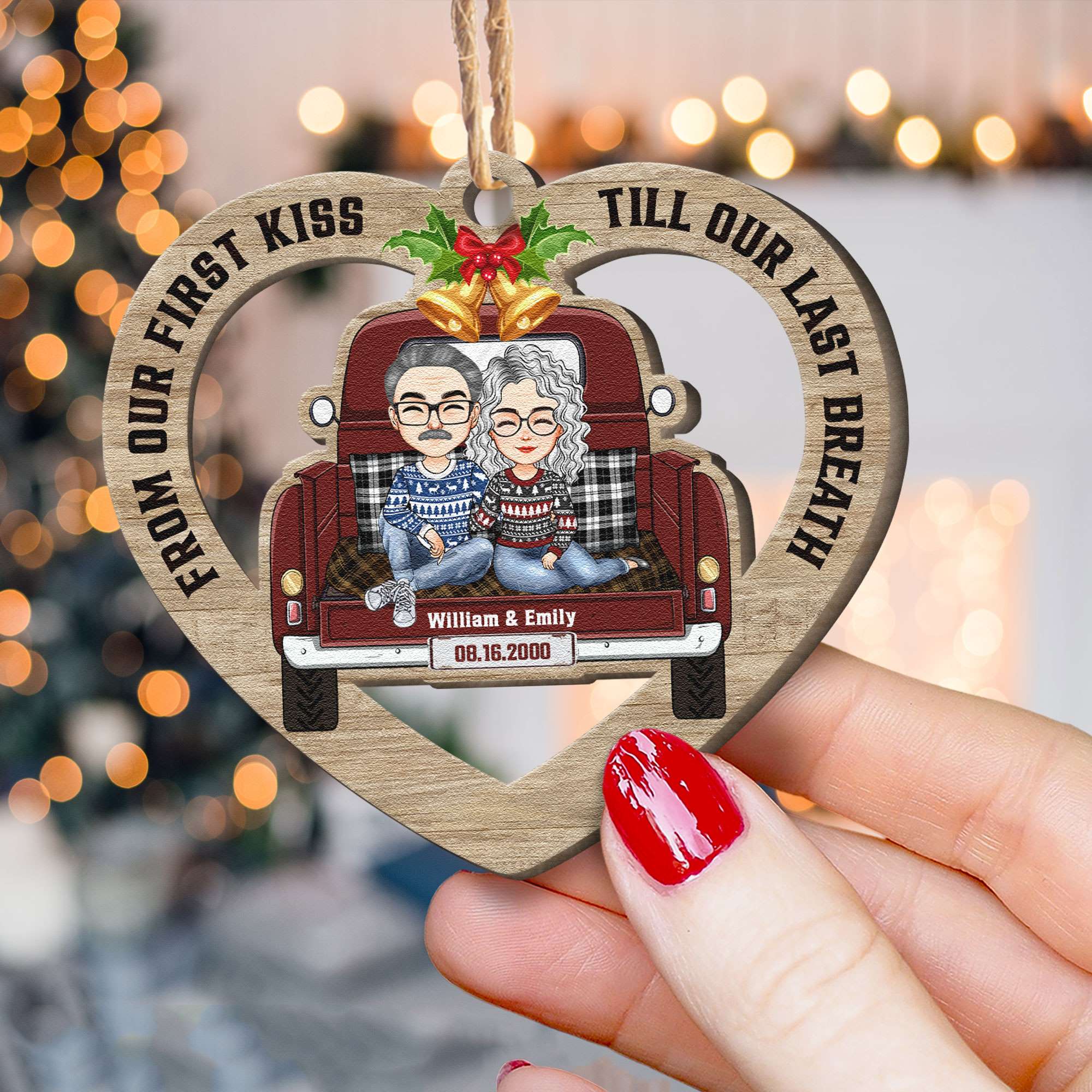 Couple Custom Heart Shaped Ornament - Personalized Wooden Ornament