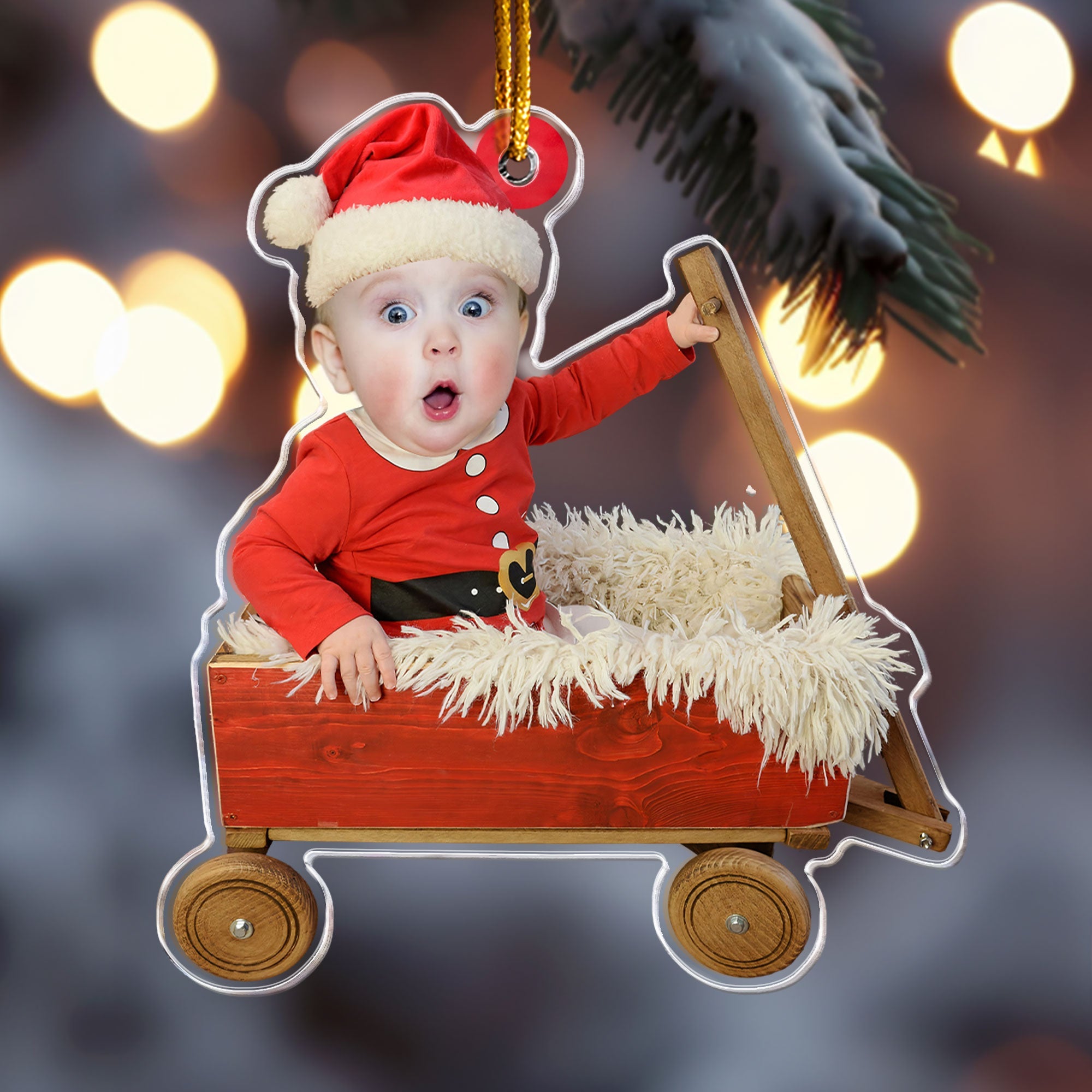 Custom Baby Face - Red Wagon - Personalized Acrylic Photo Ornament