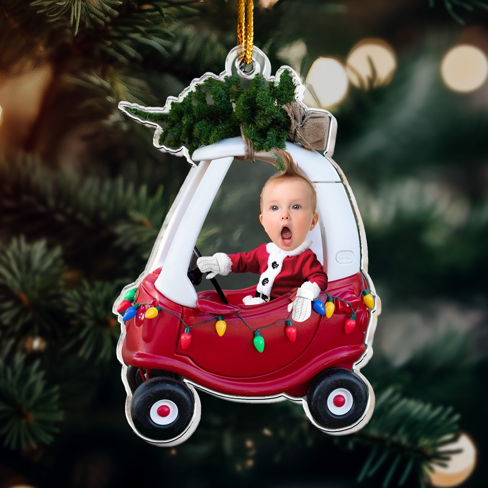 Custom Baby Kid In Car - Personalized Newborn Christmas Photo Ornament