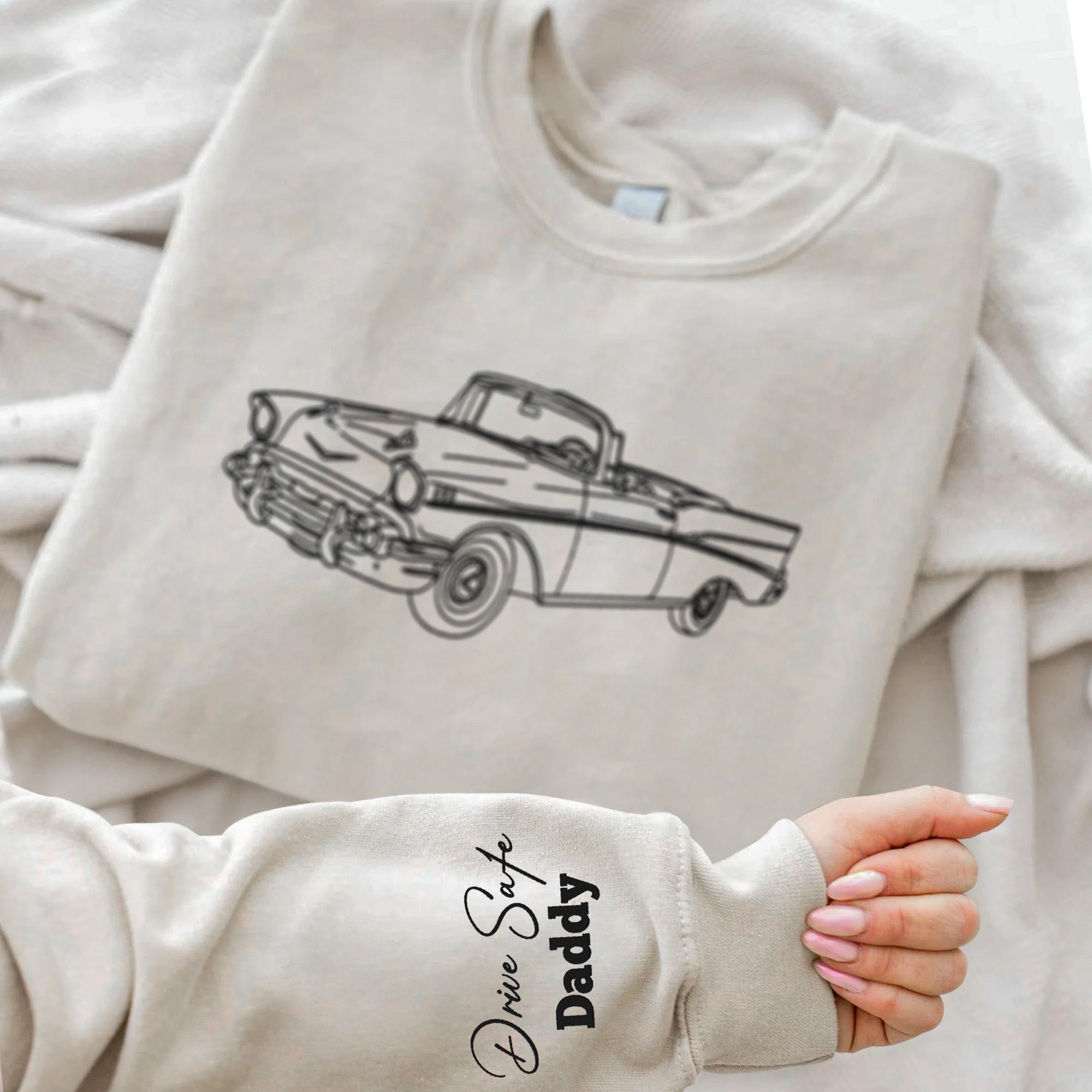 Custom Car Drive Safe Daddy Line Drawing - Custom Photo Embroidered Sweatshirt