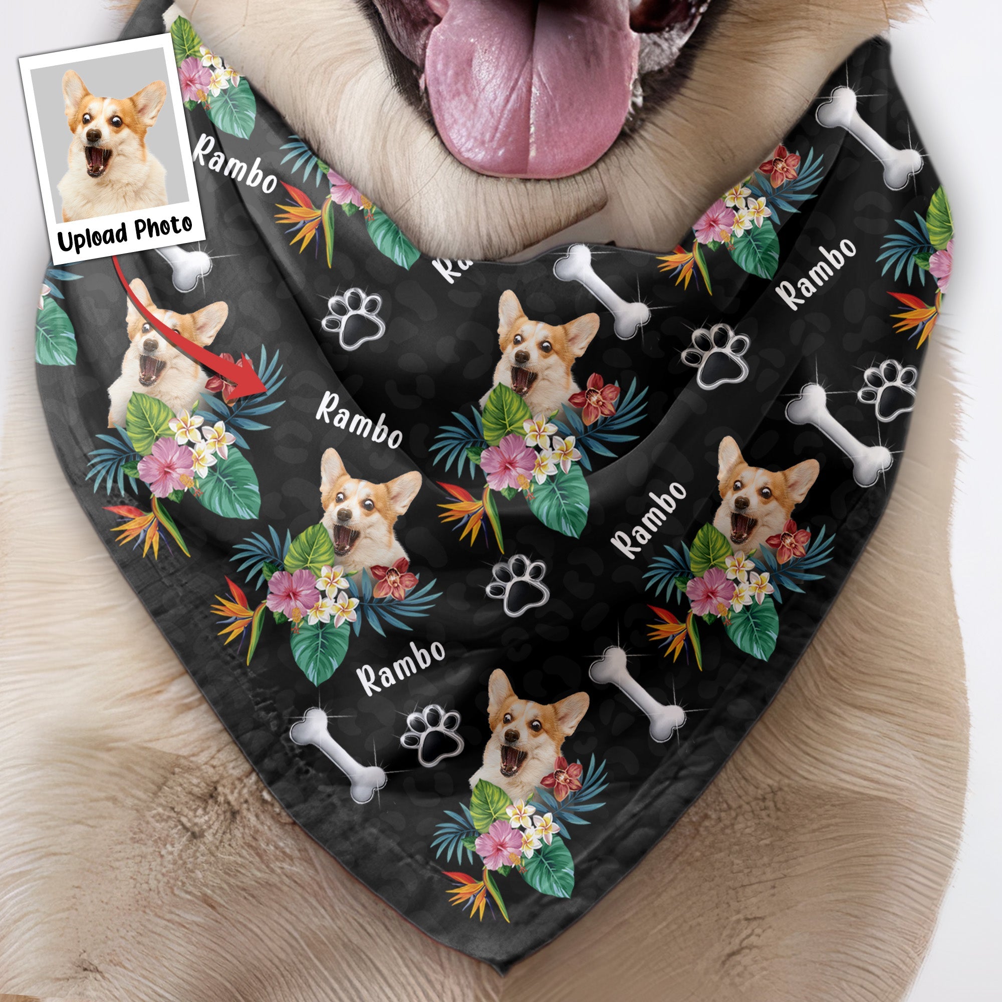 Custom Face With Hibiscus Hawaiian Pattern - Personalized Photo Dog Bandana Collar