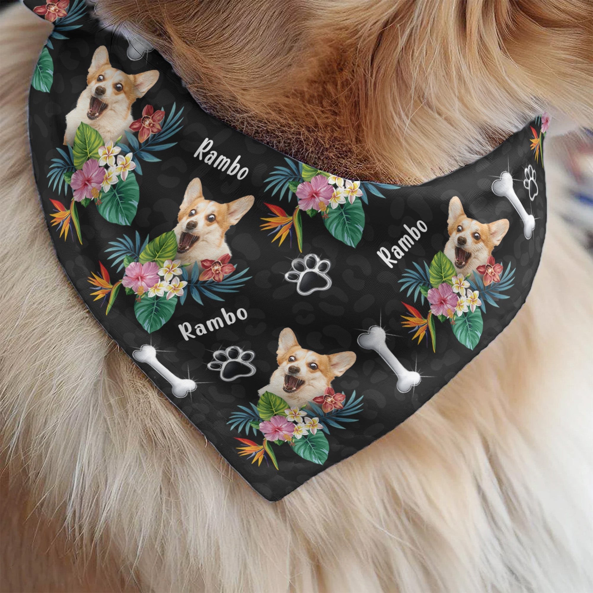 Custom Face With Hibiscus Hawaiian Pattern - Personalized Photo Dog Bandana Collar