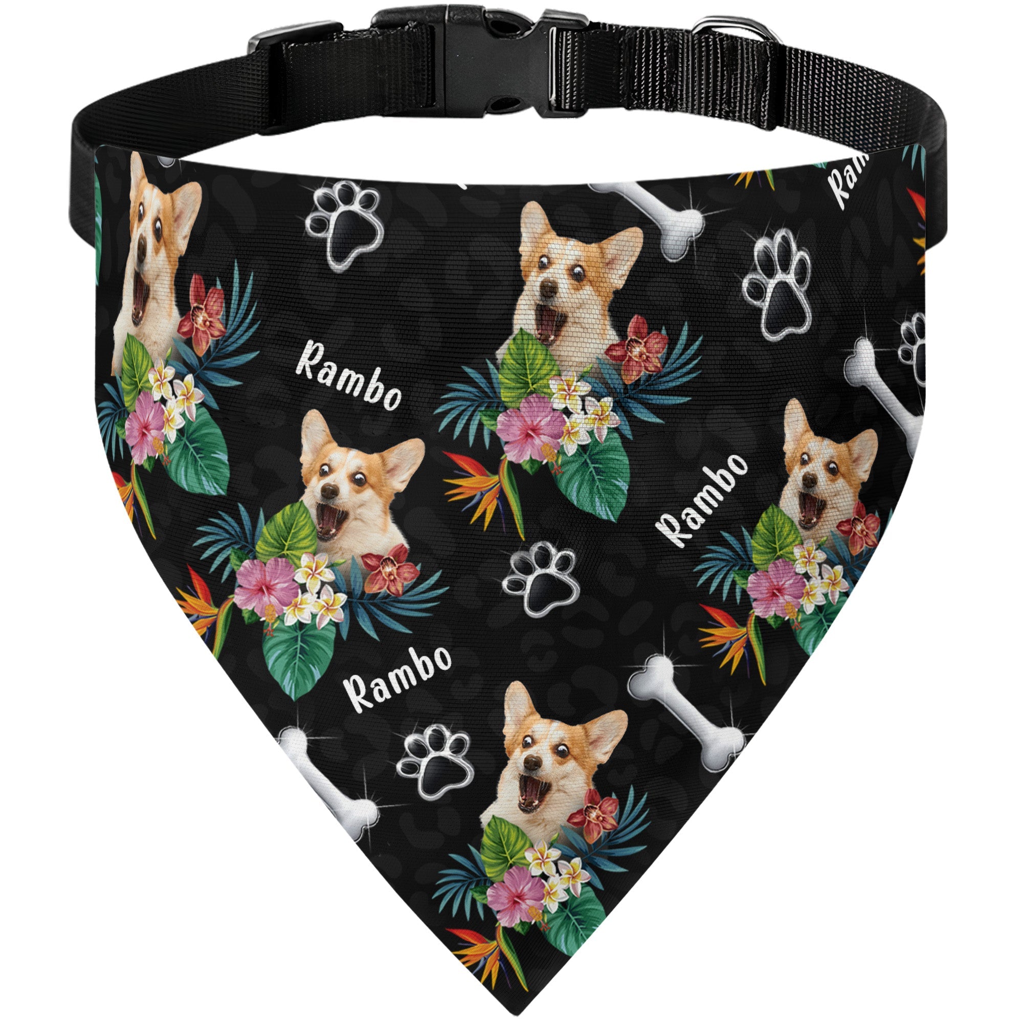 Custom Face With Hibiscus Hawaiian Pattern - Personalized Photo Dog Bandana Collar