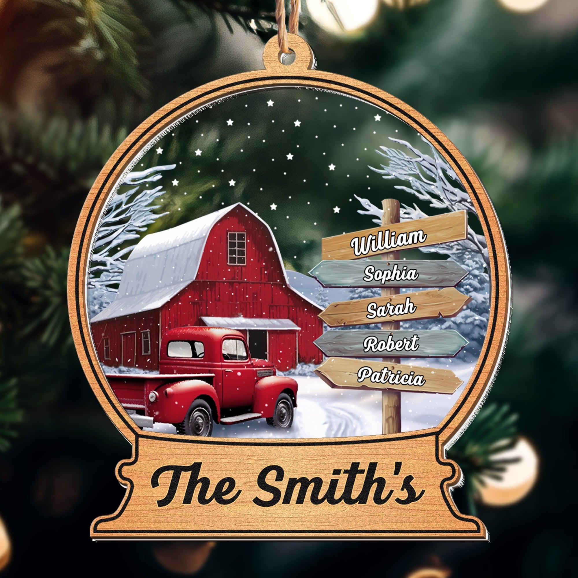 Custom Family Names Farmhouse Christmas - Personalized Wood And Acrylic Ornament With Bow