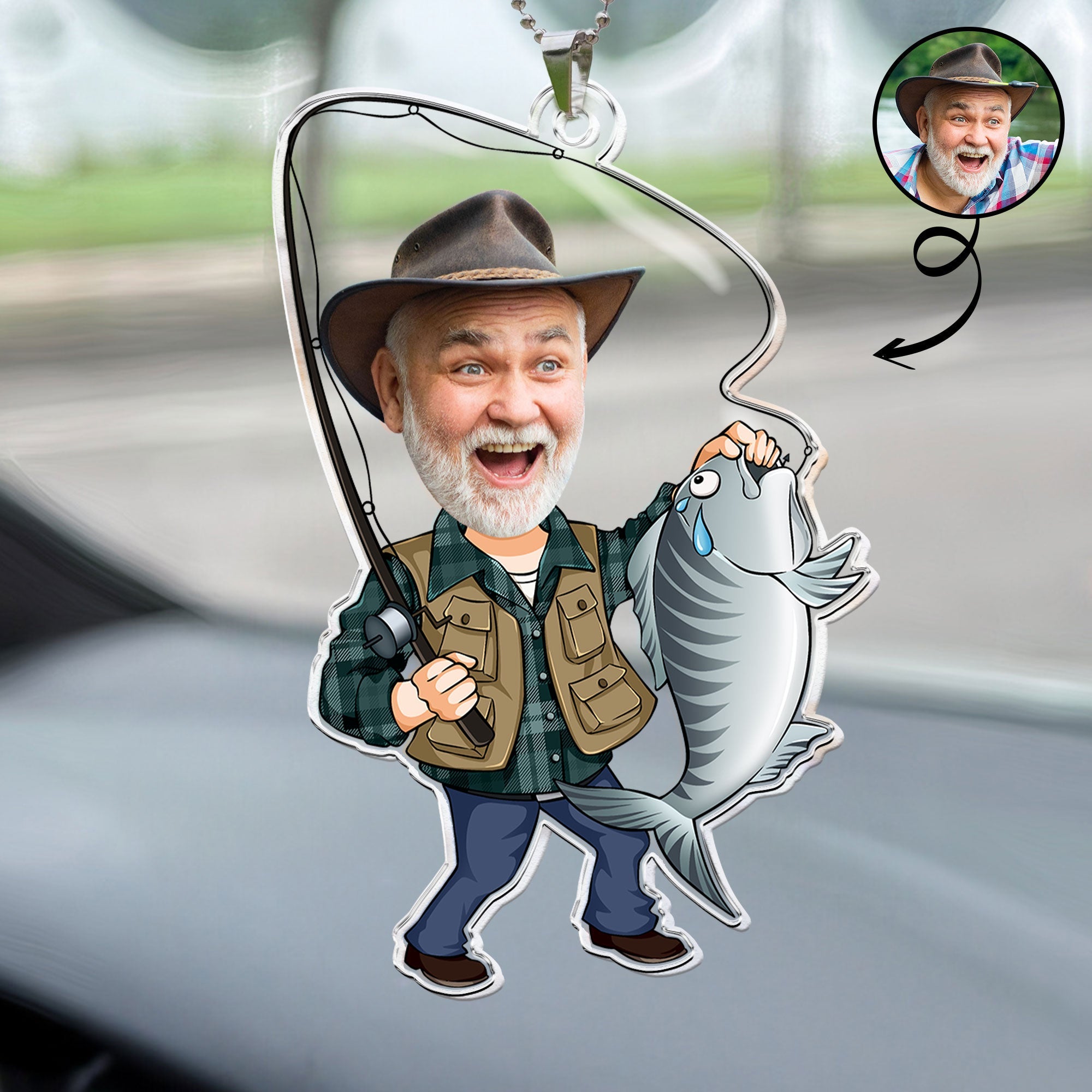 Custom Photo Fisherman Cartoon - Personalized Photo Rear View Mirror Accessory