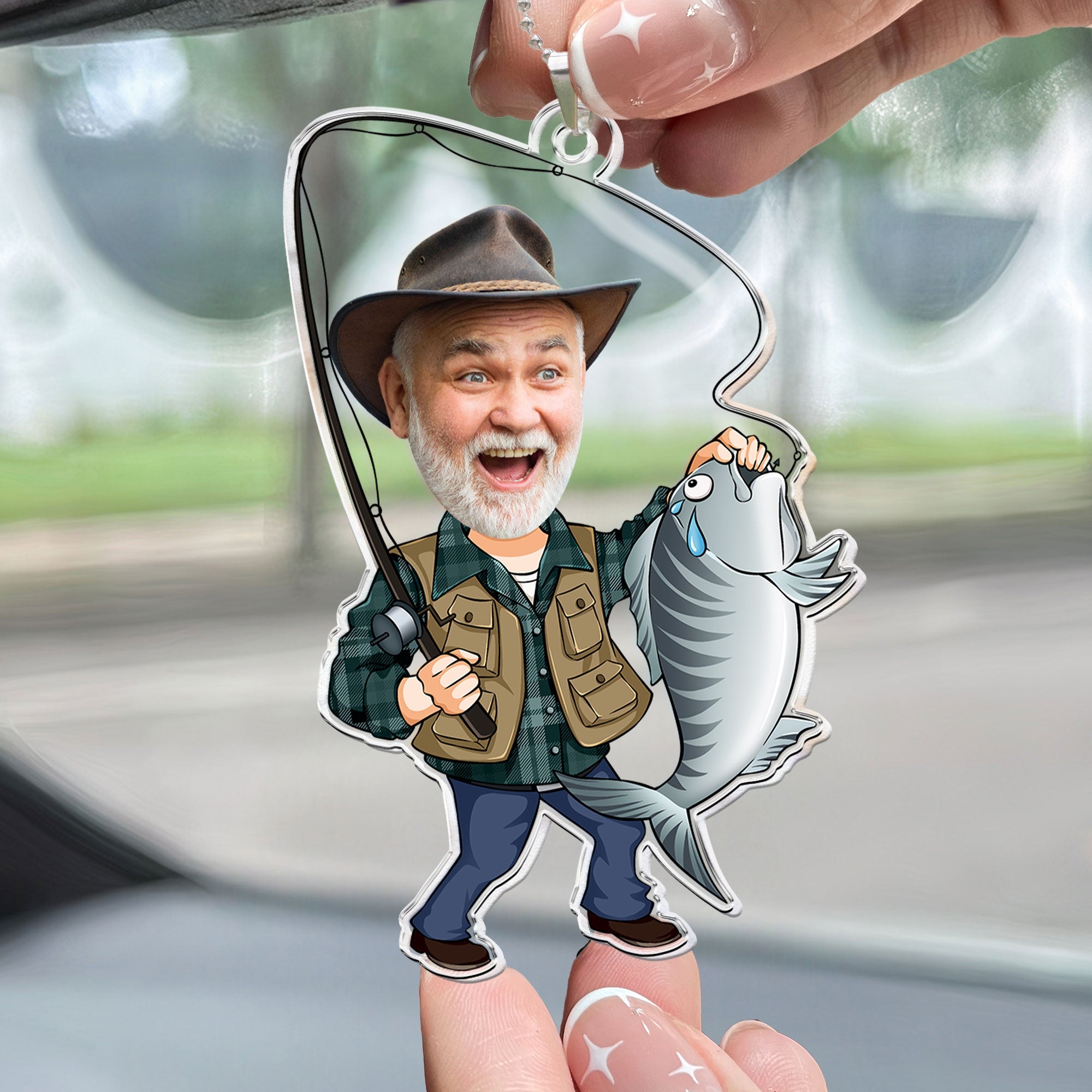 Custom Photo Fisherman Cartoon - Personalized Photo Rear View Mirror Accessory