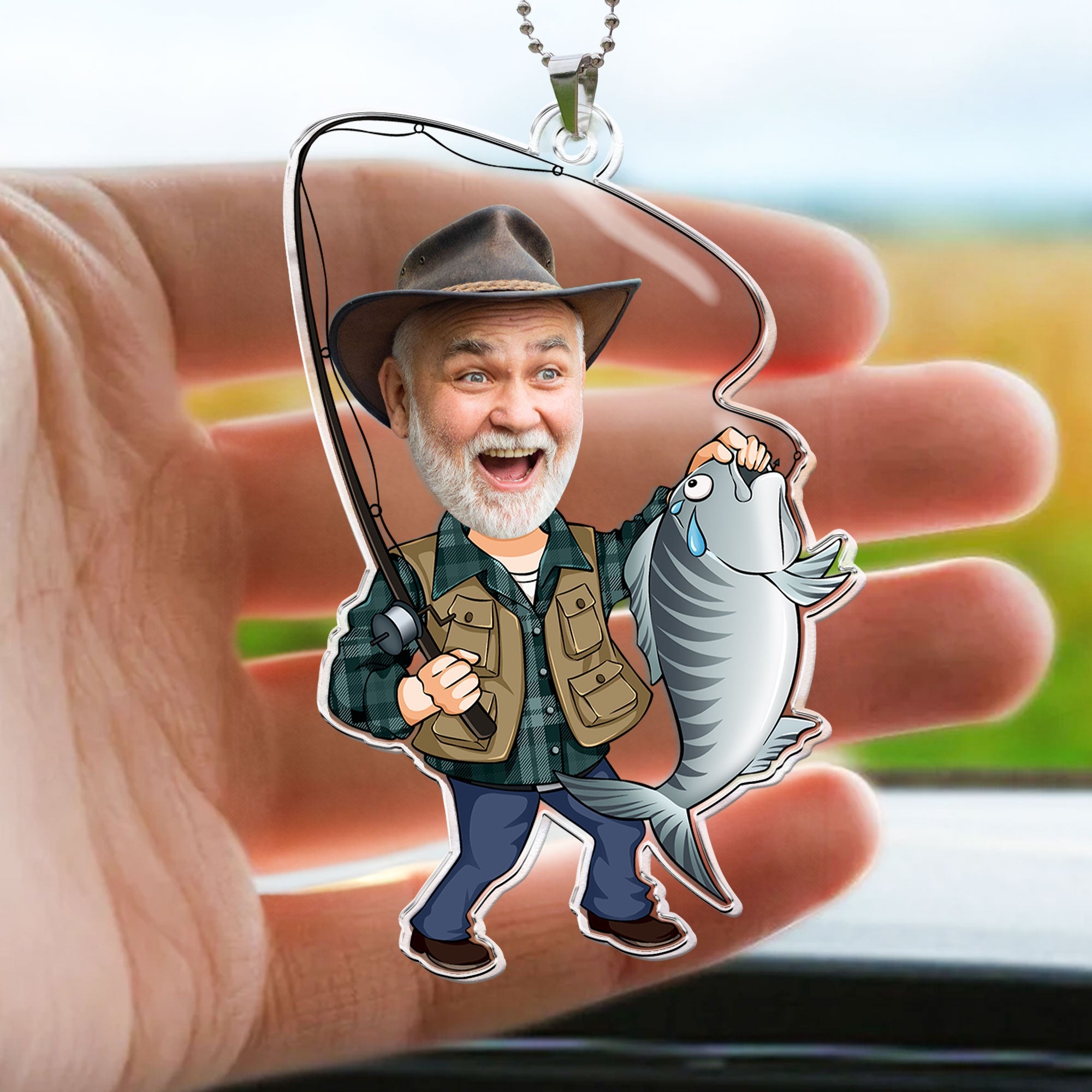 Custom Photo Fisherman Cartoon - Personalized Photo Rear View Mirror Accessory