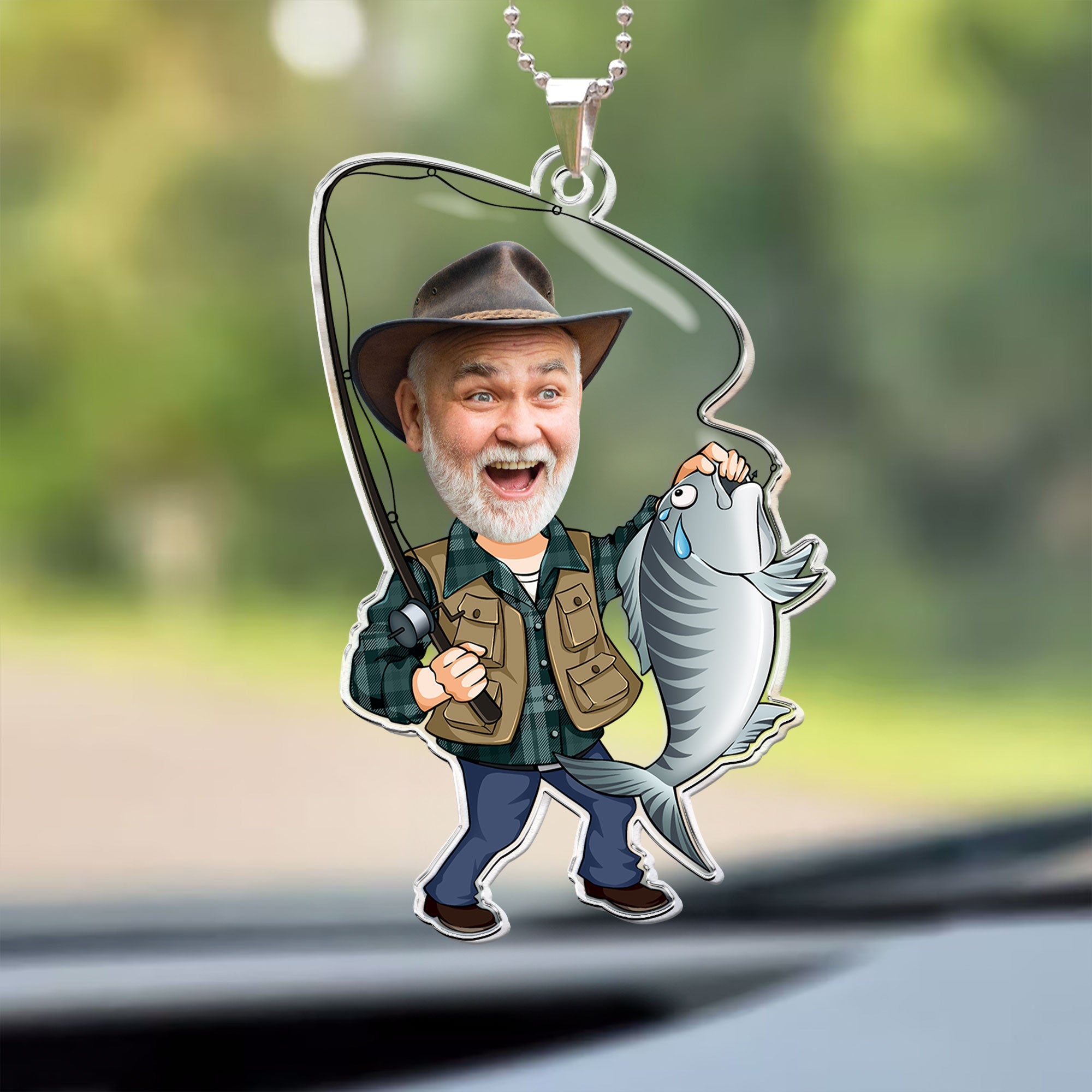 Custom Photo Fisherman Cartoon - Personalized Photo Rear View Mirror Accessory