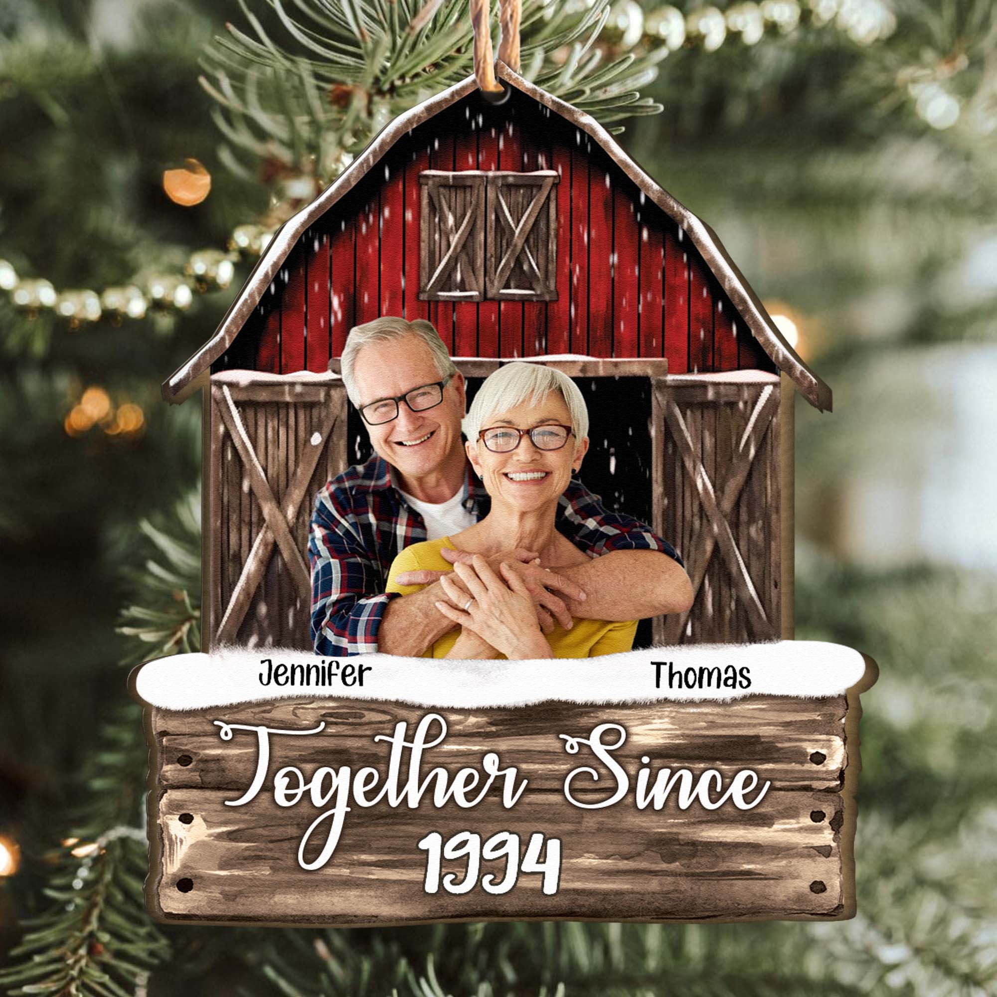 Custom Photo Together Since Couples Red Barn - Personalized Wooden Photo Ornament