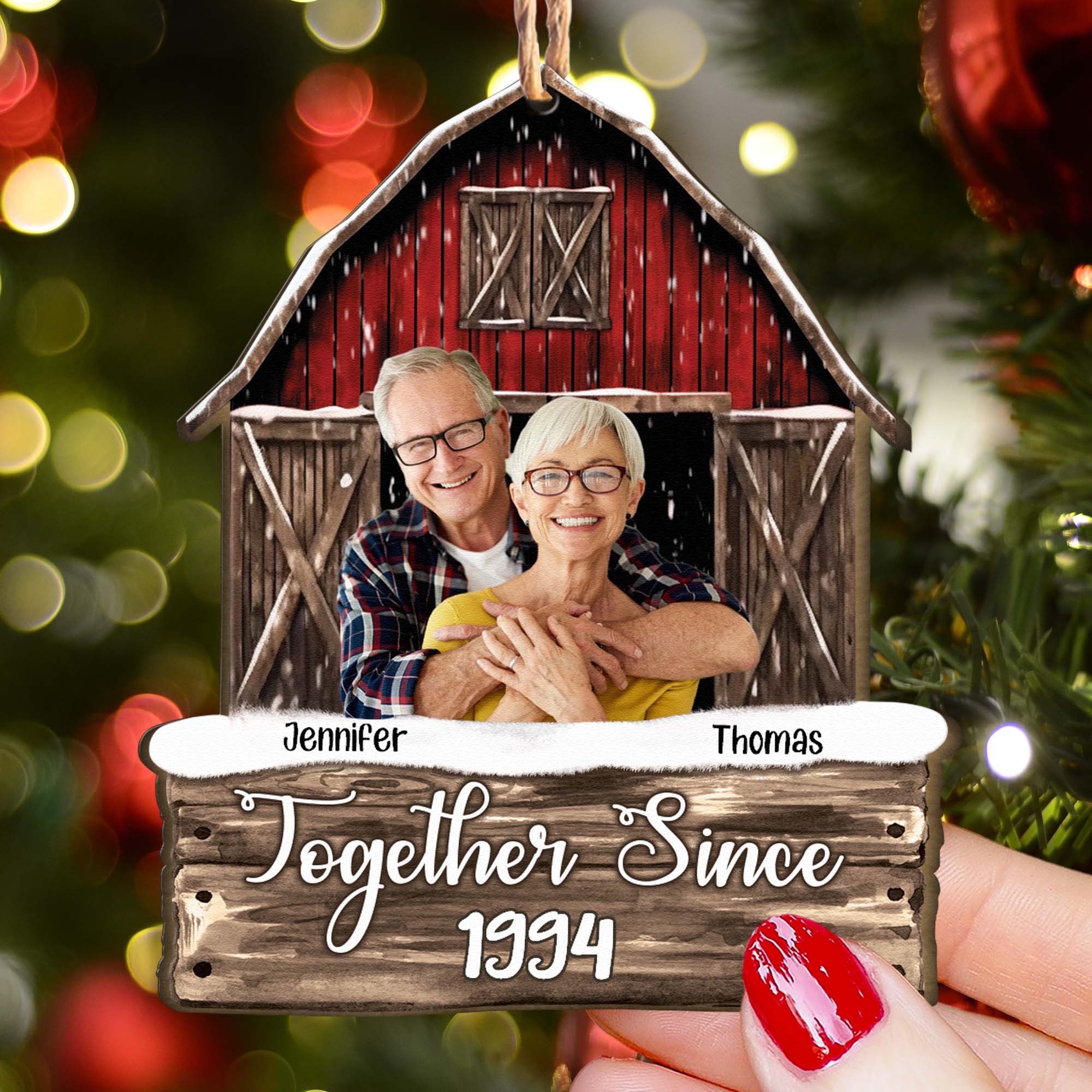 Custom Photo Together Since Couples Red Barn - Personalized Wooden Photo Ornament