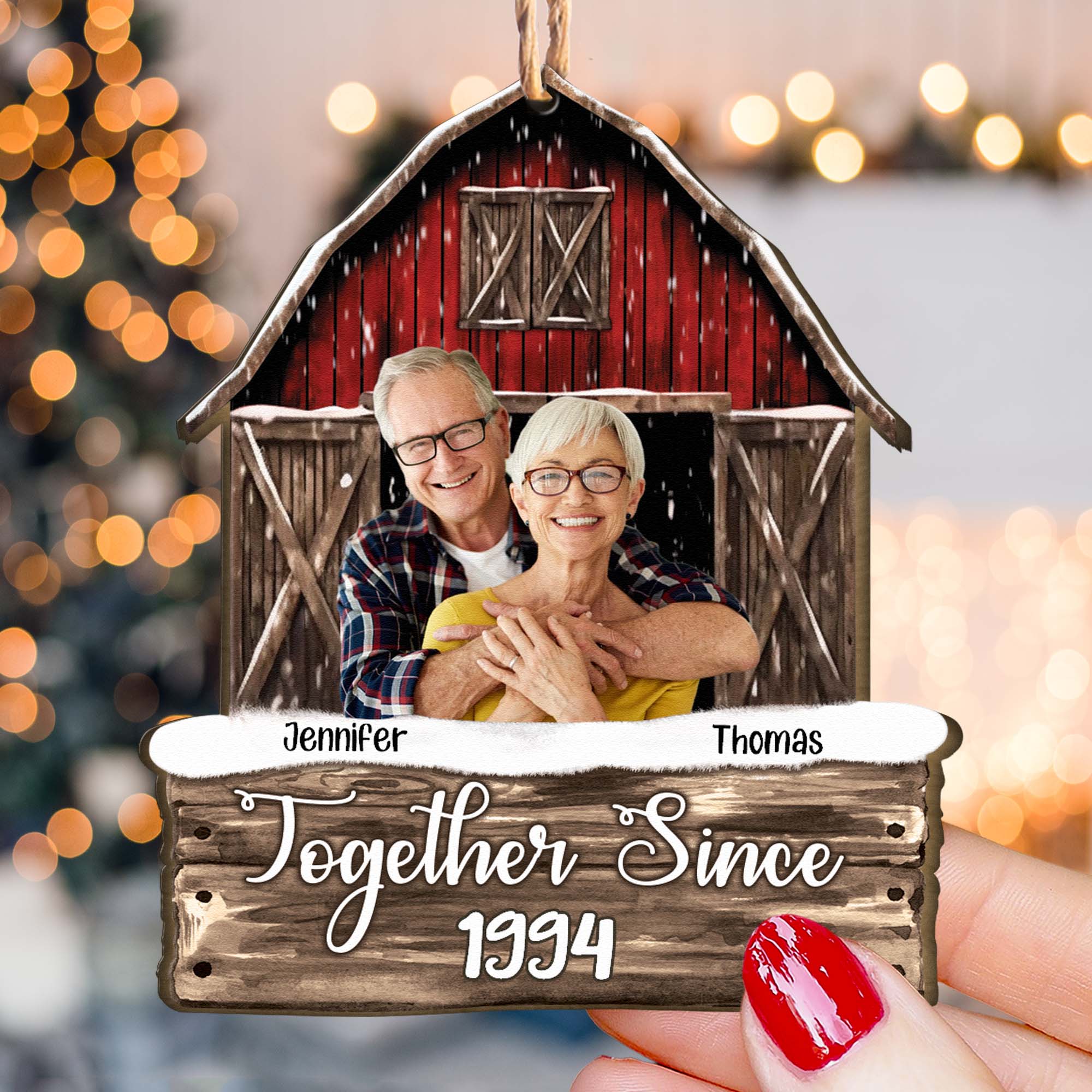 Custom Photo Together Since Couples Red Barn - Personalized Wooden Photo Ornament