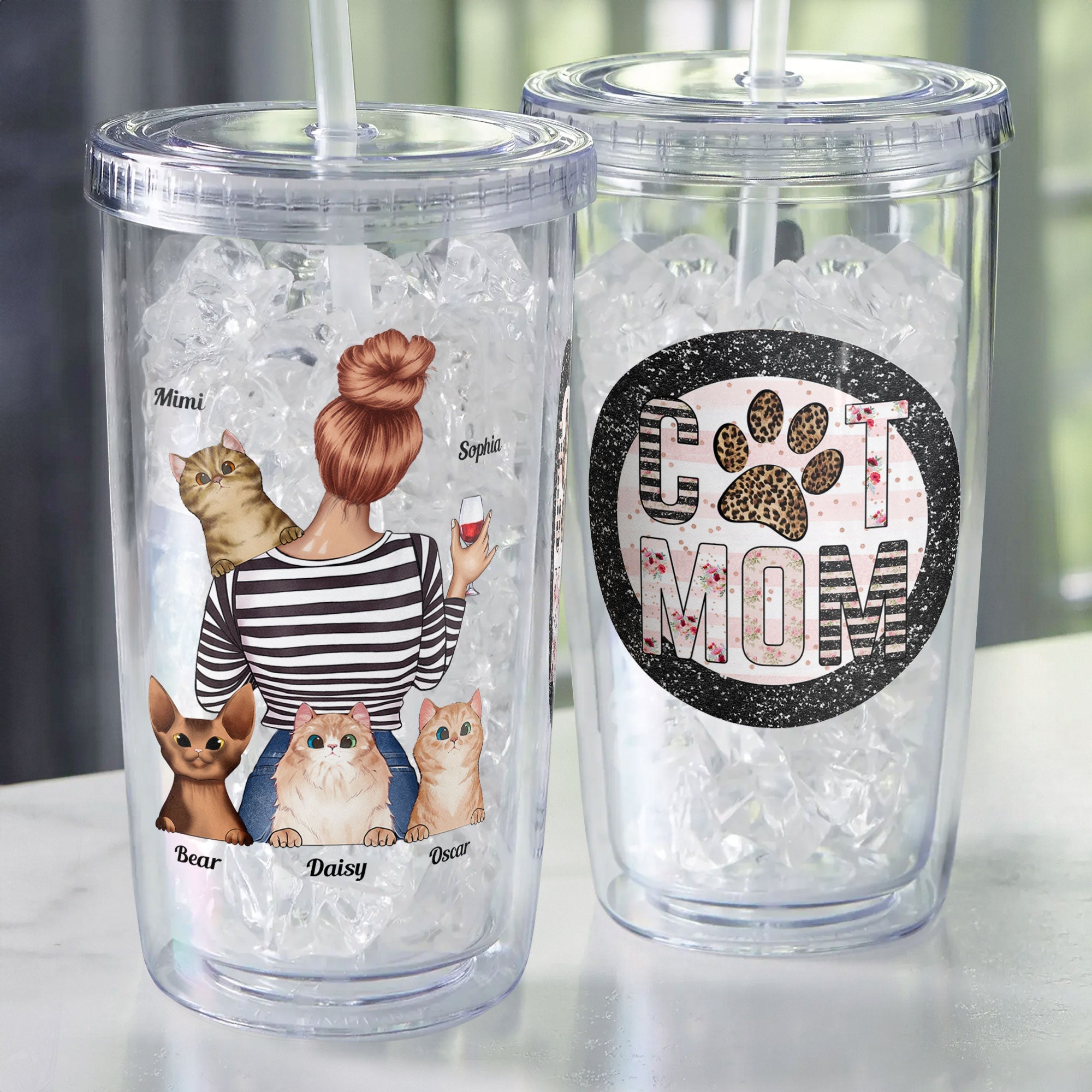 Dog Mom Cat Mom - Personalized Acrylic Tumbler With Straw