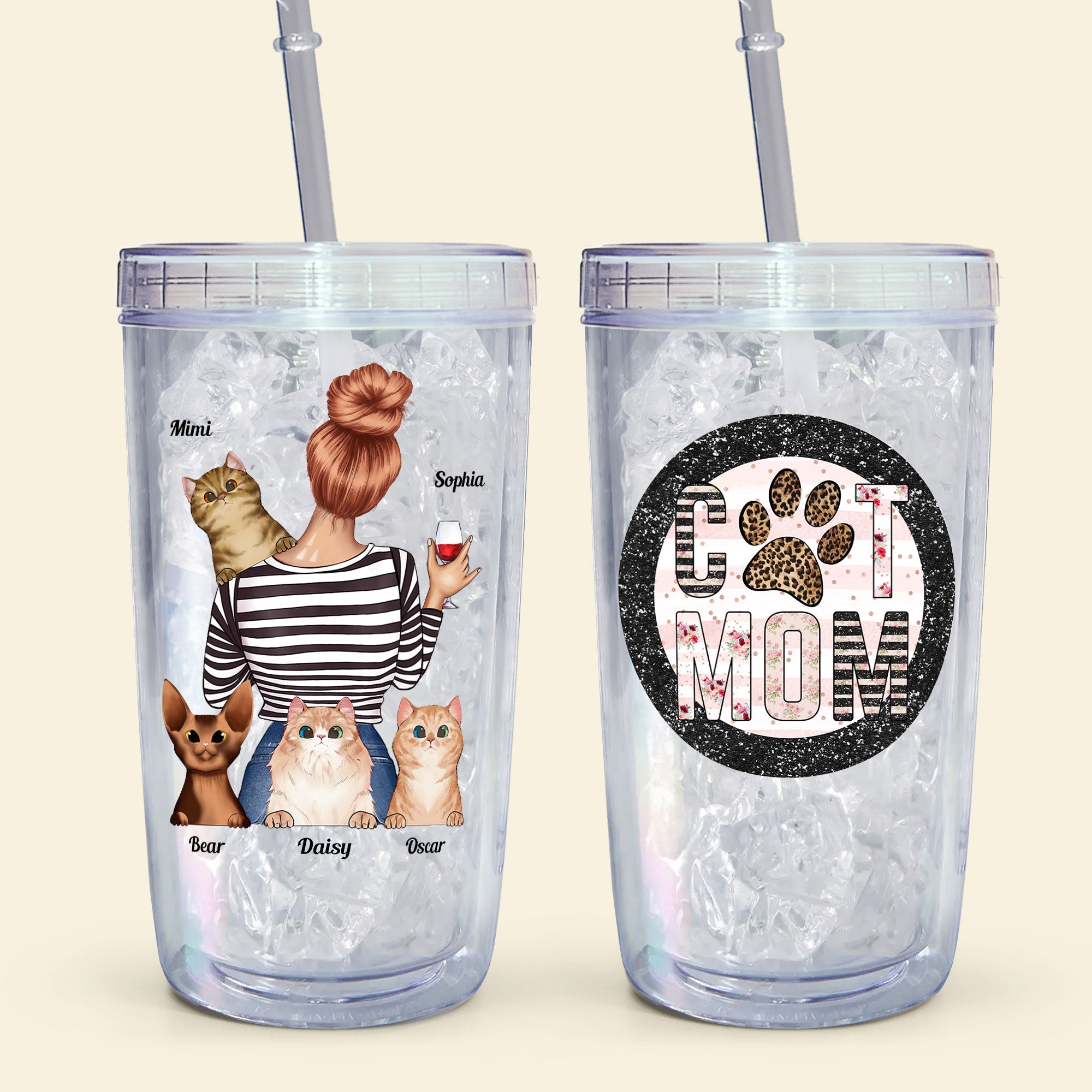 Dog Mom Cat Mom - Personalized Acrylic Tumbler With Straw