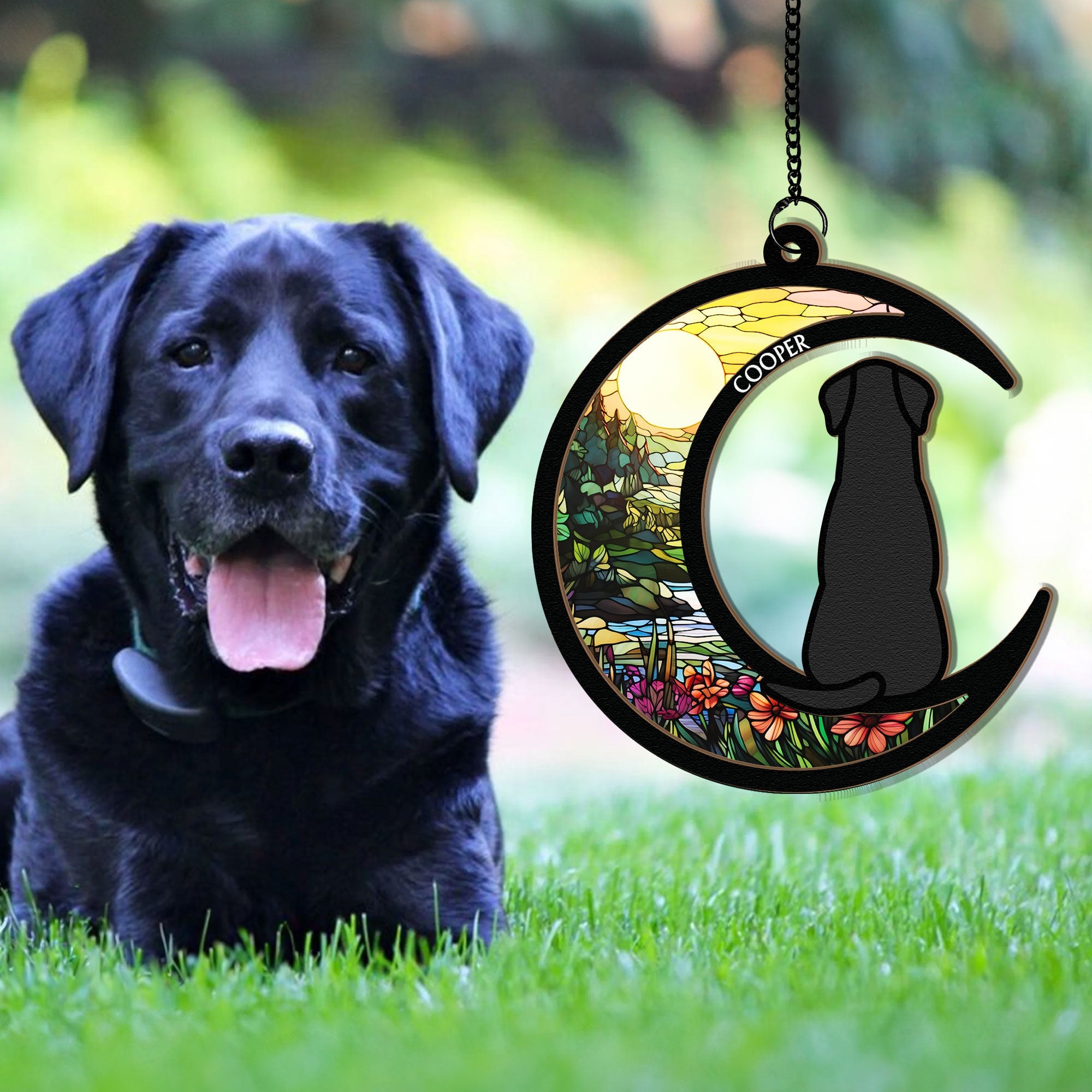 Dog & Cat On Moon - Personalized Window Hanging Suncatcher Ornament