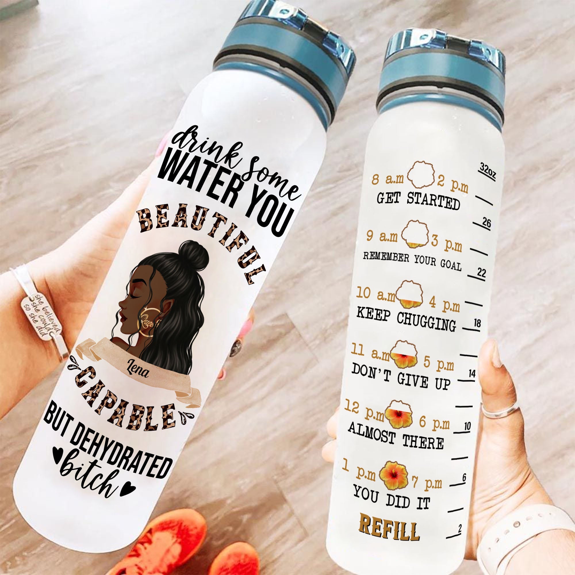 Drink Water You Beautiful B**ch - Personalized Water Tracker Bottle - Birthday Gift For Her, Black Girl, Black Woman, Sassy, Funny Gift