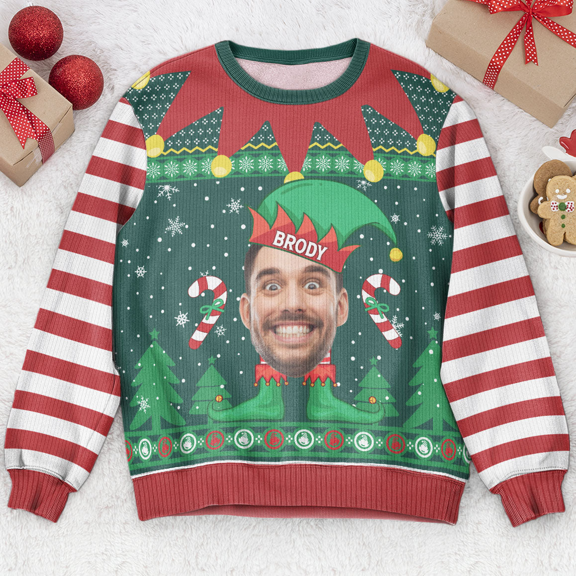 Elf Christmas Funny Face Family Name - Personalized Photo Ugly Sweater