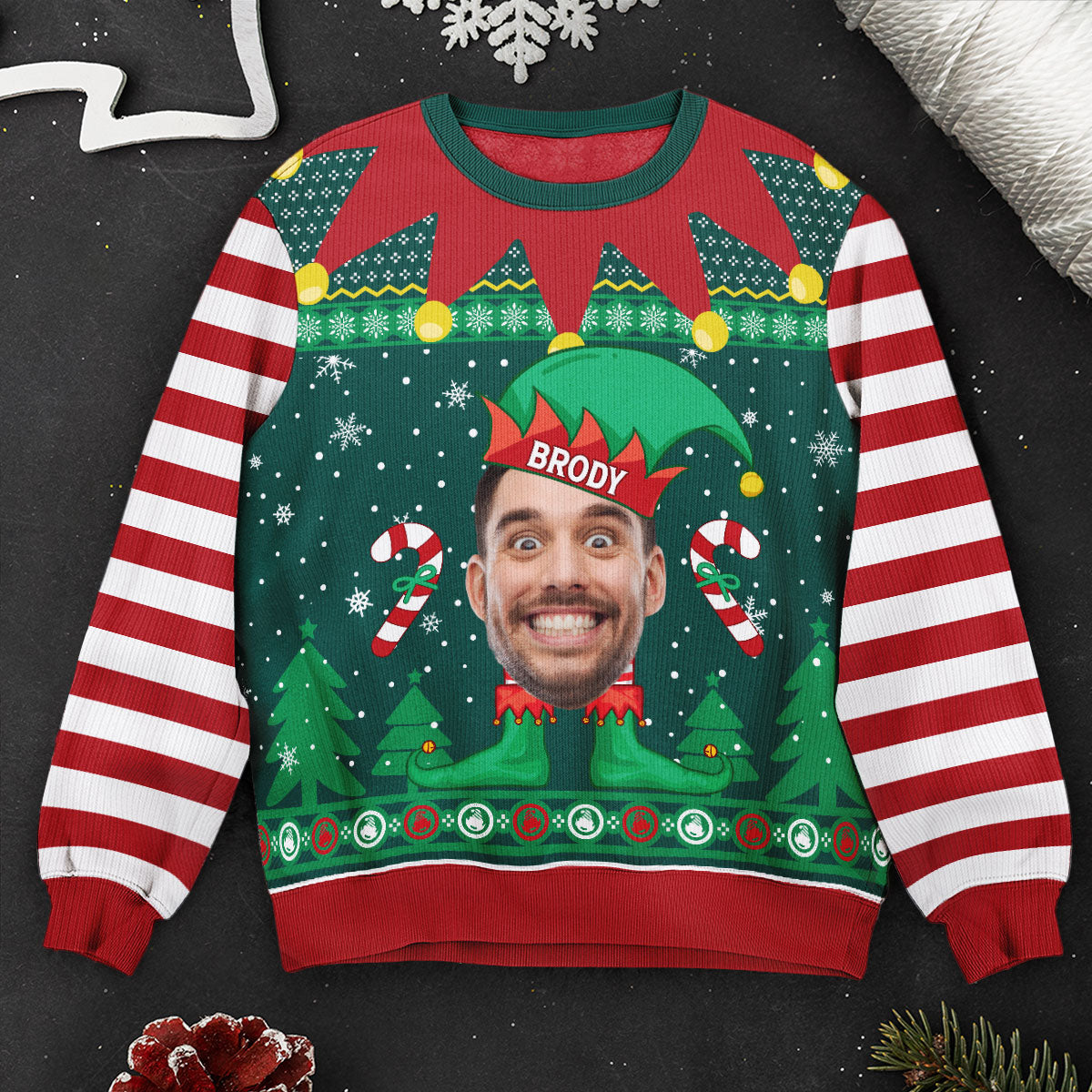 Elf Christmas Funny Face Family Name - Personalized Photo Ugly Sweater