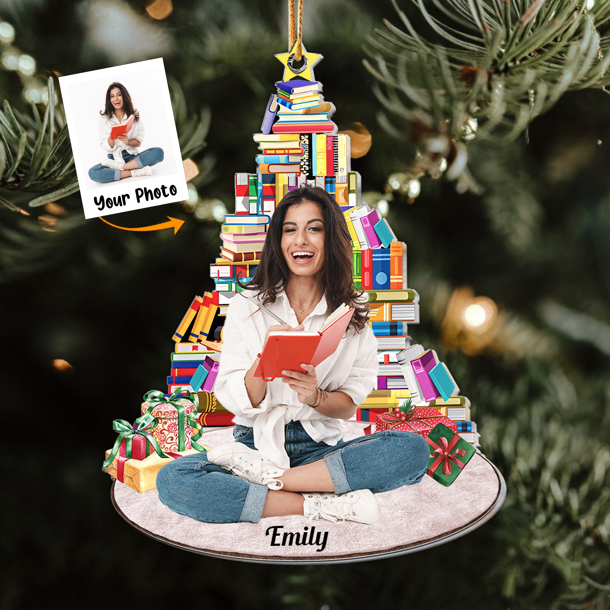 Enjoy Under The Christmas Book Tree - Personalized Acrylic Photo Ornament