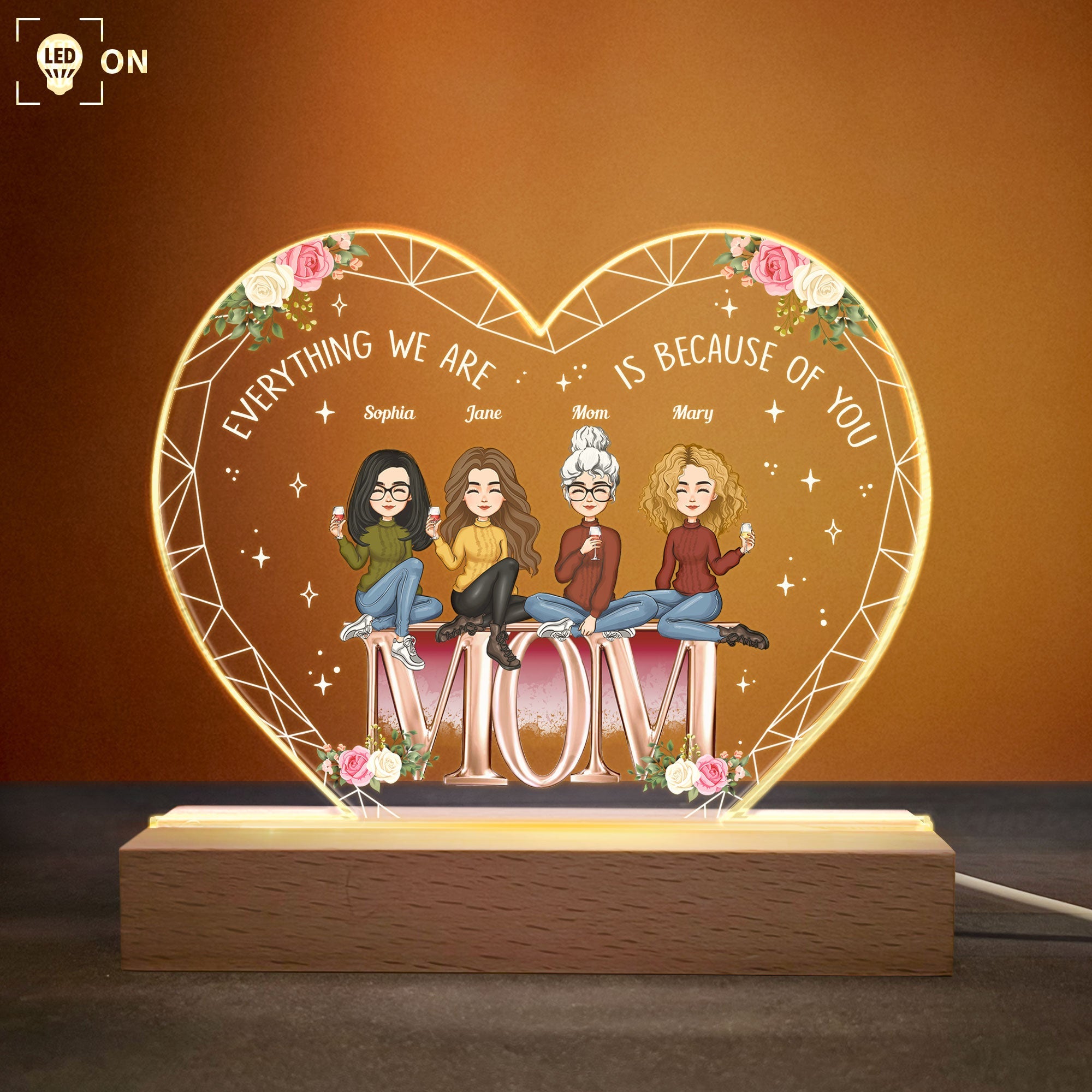 Everything We Are Is Because Of You Mom - Personalized 3D Led Light Wooden Base - Mother's Day Gift For Mom, Grandma