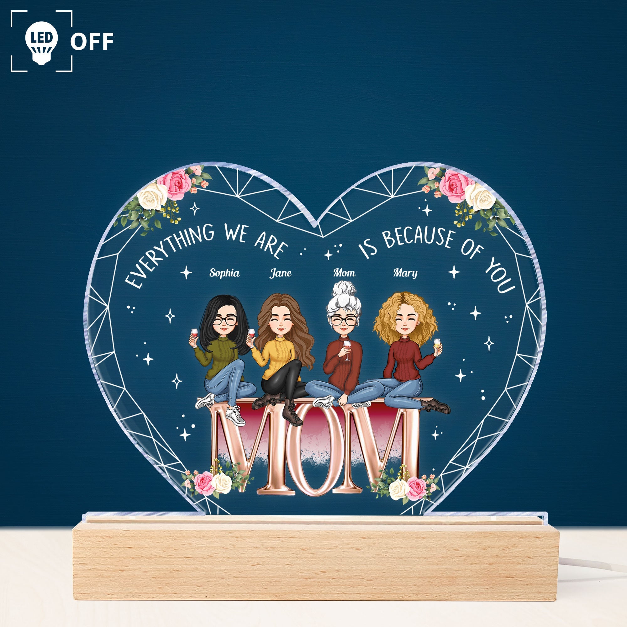 Everything We Are Is Because Of You Mom - Personalized 3D Led Light Wooden Base - Mother's Day Gift For Mom, Grandma